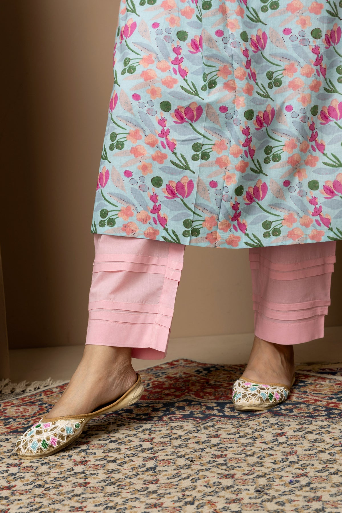 Rosabelle- powder blue cotton Jaipur print kurta with pink straight pants