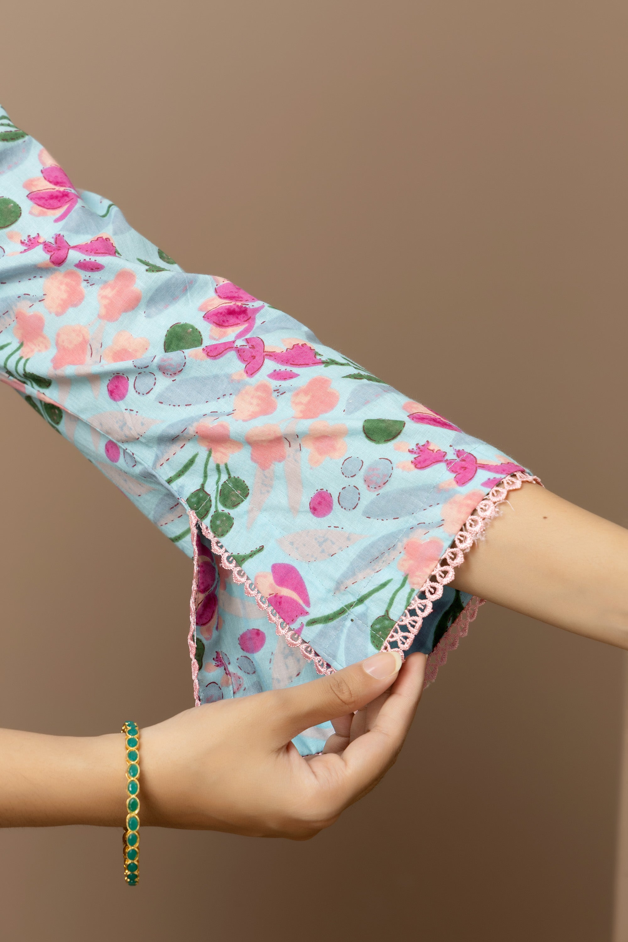 Rosabelle- powder blue cotton kurta with pink-peach floral hand block print