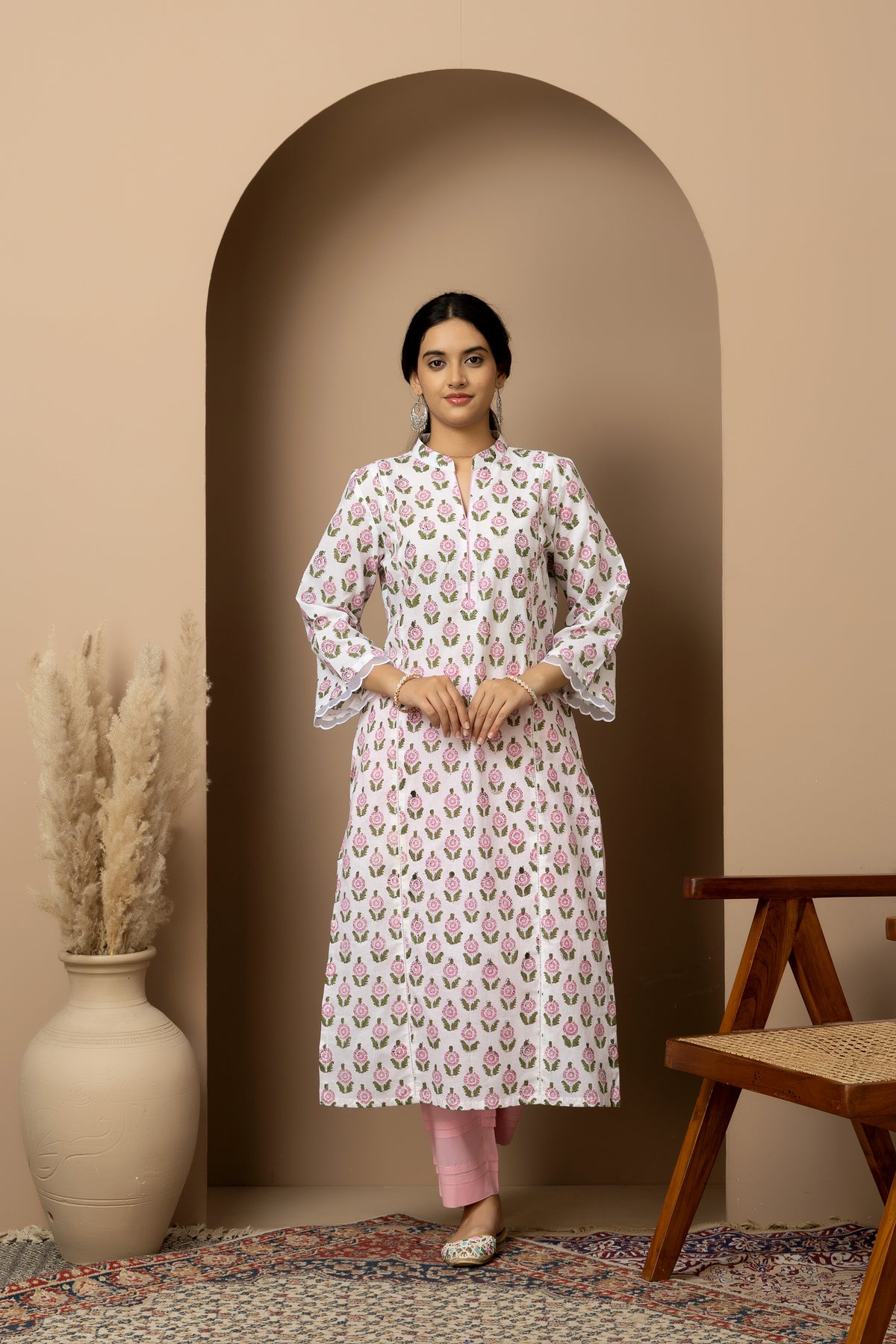 Ivory Blossum- Ivory white Jaipur hand block kurta with pink straight pants