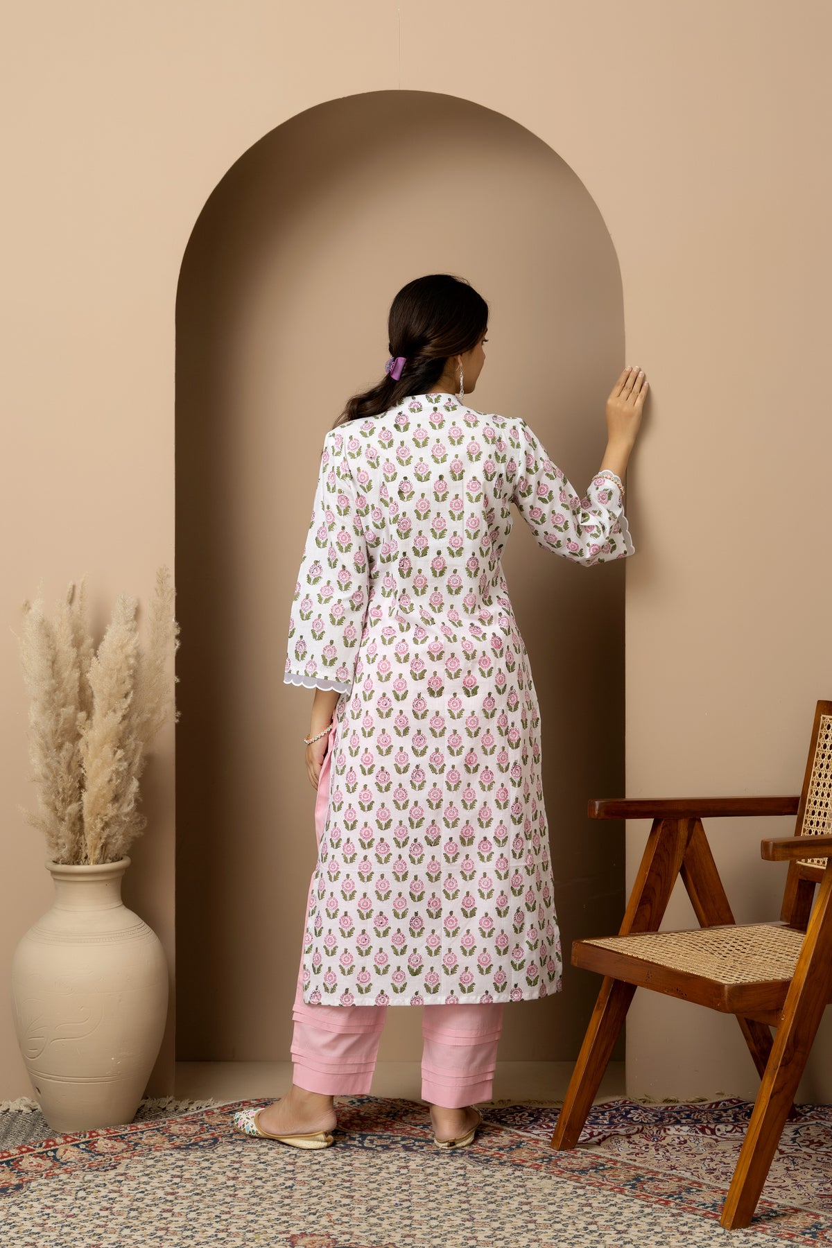 Ivory Blossum- Ivory white Jaipur hand block kurta with pink straight pants