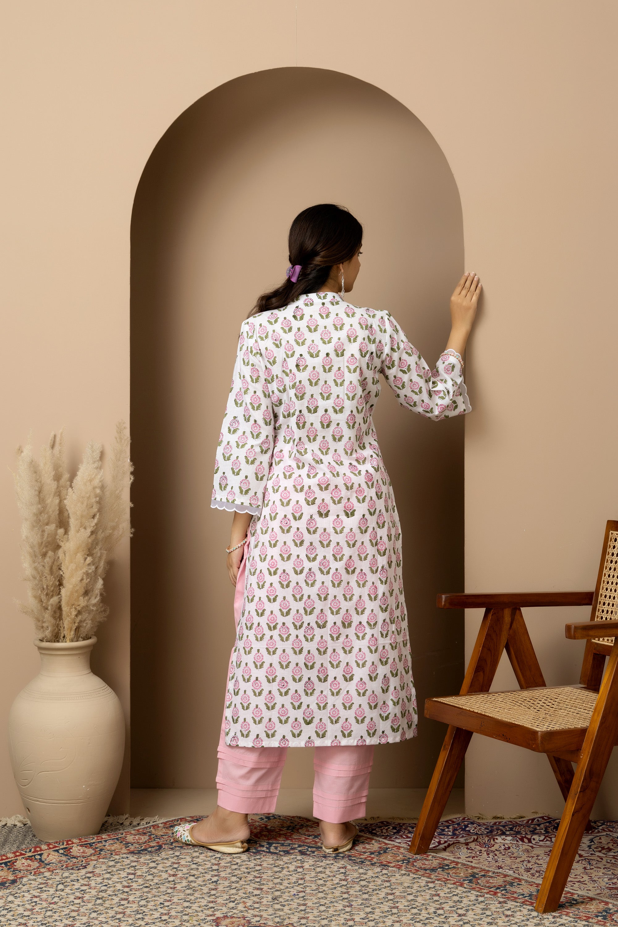 Ivory Blossum- Ivory white kurta with pink floral hand block print