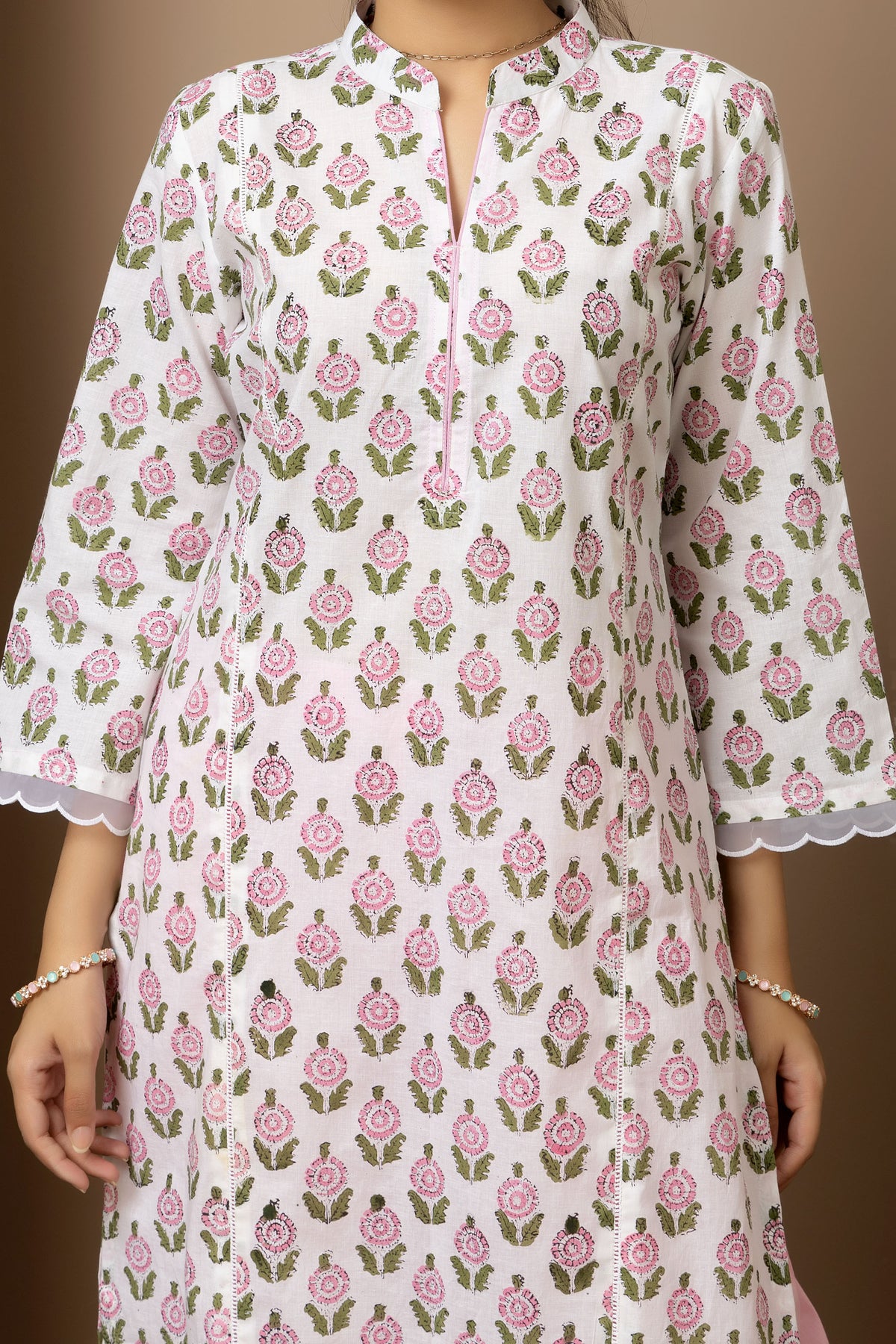 Ivory Blossum- Ivory white Jaipur hand block kurta with pink straight pants