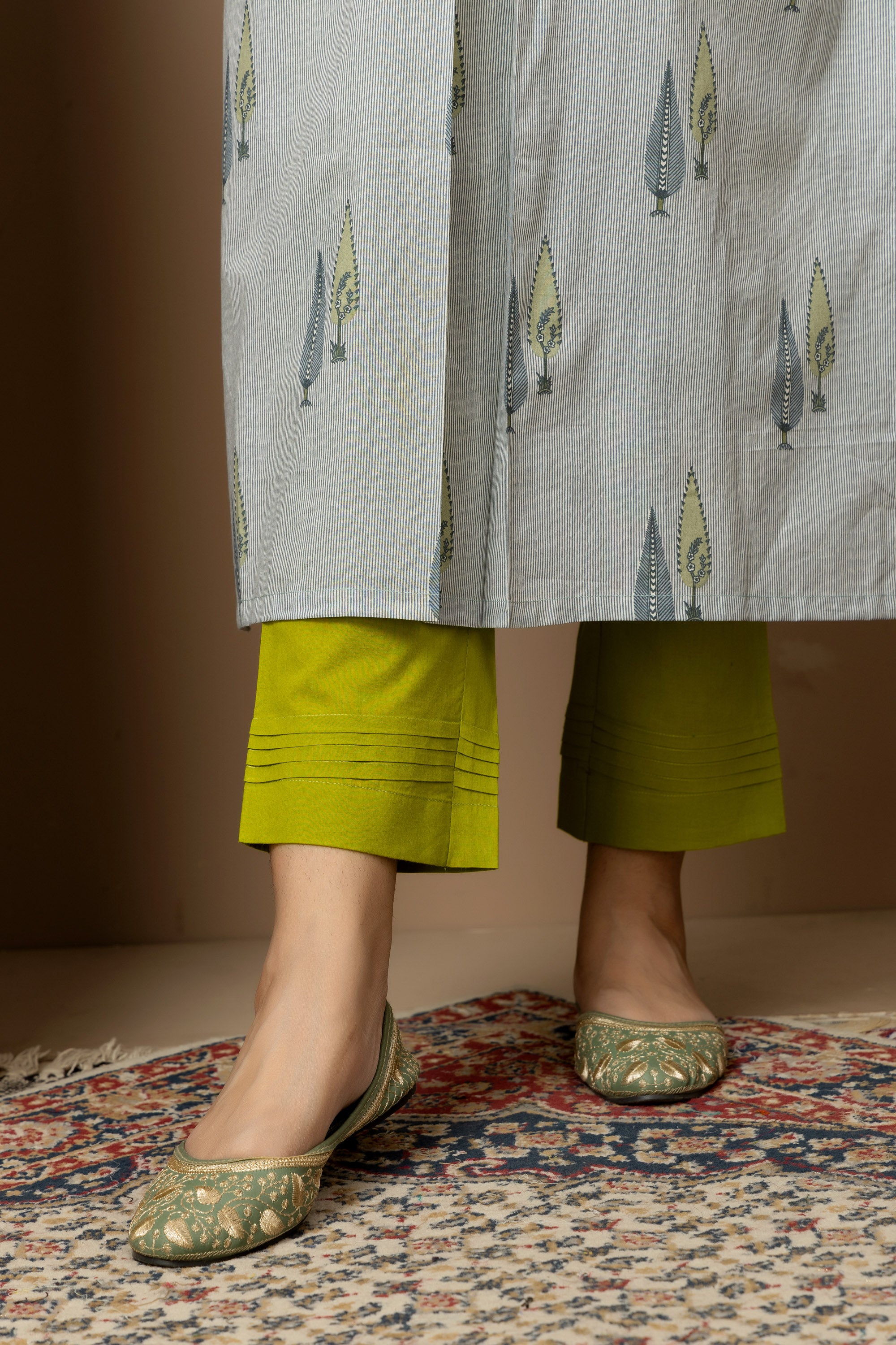 Lime olive green Straight Pants with pleats