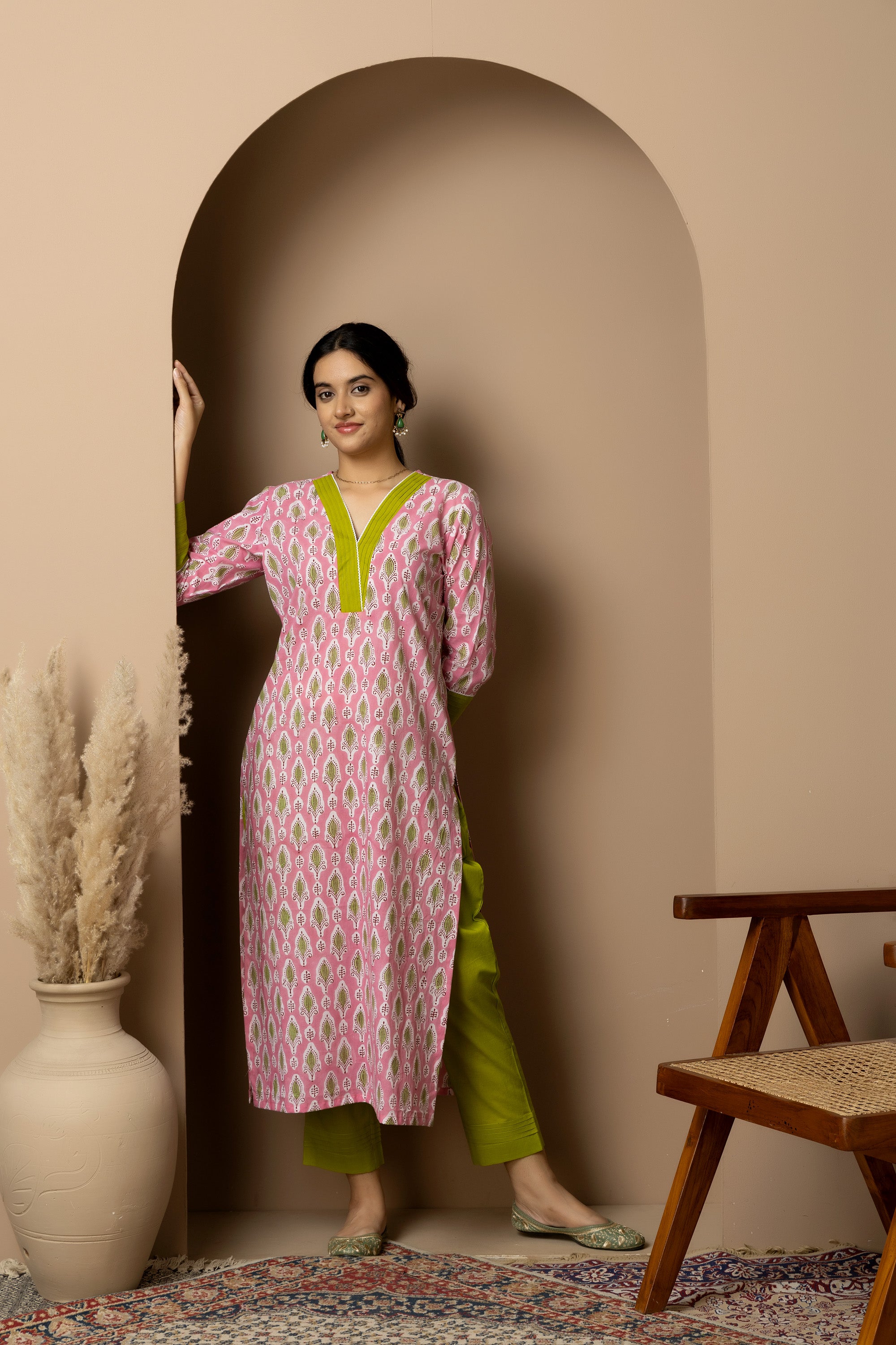Pink Grove- 100% cotton pink hand block print kurta with green leaf motif