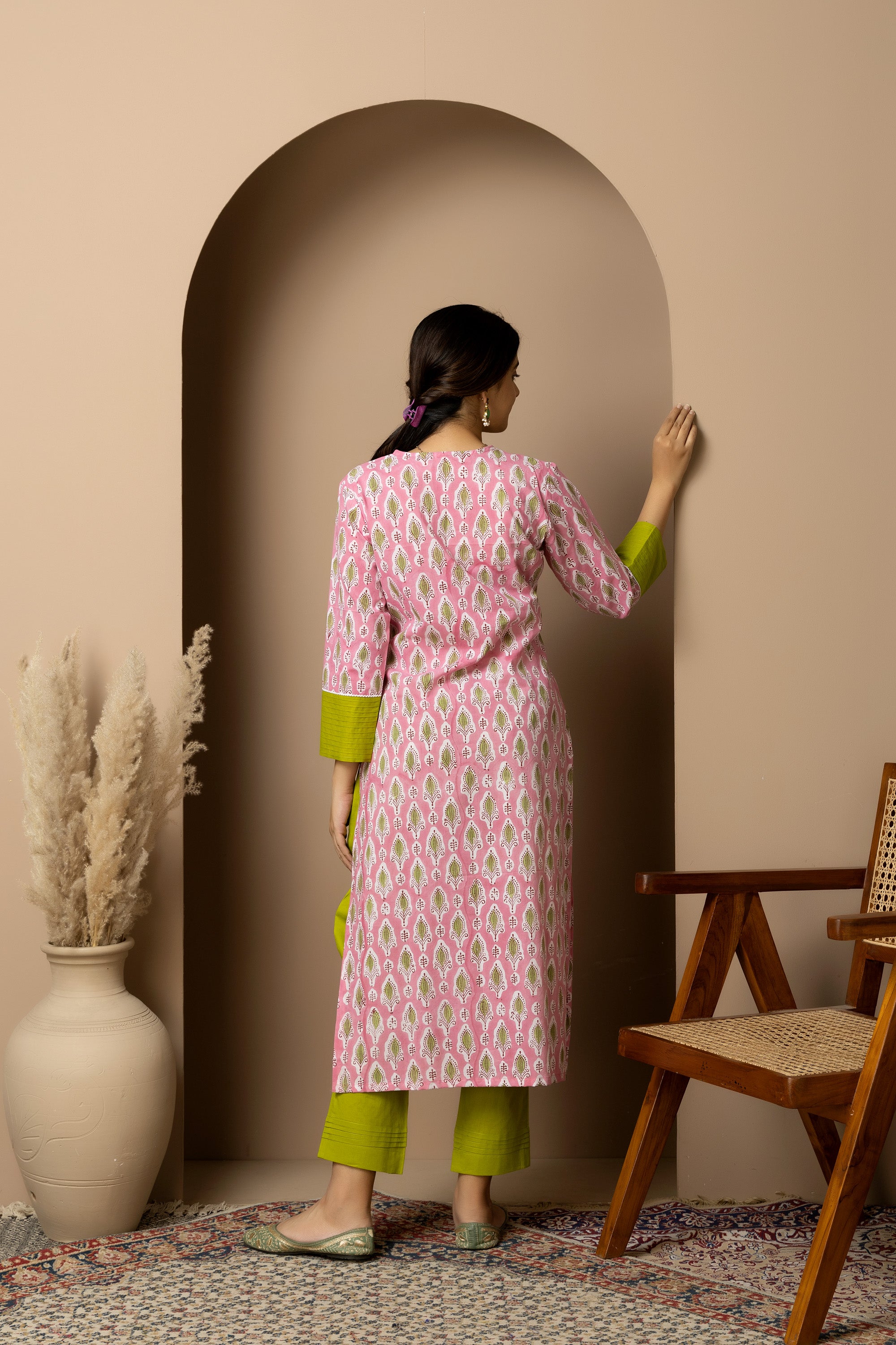 Pink Grove- 100% cotton pink hand block print kurta with green leaf motif