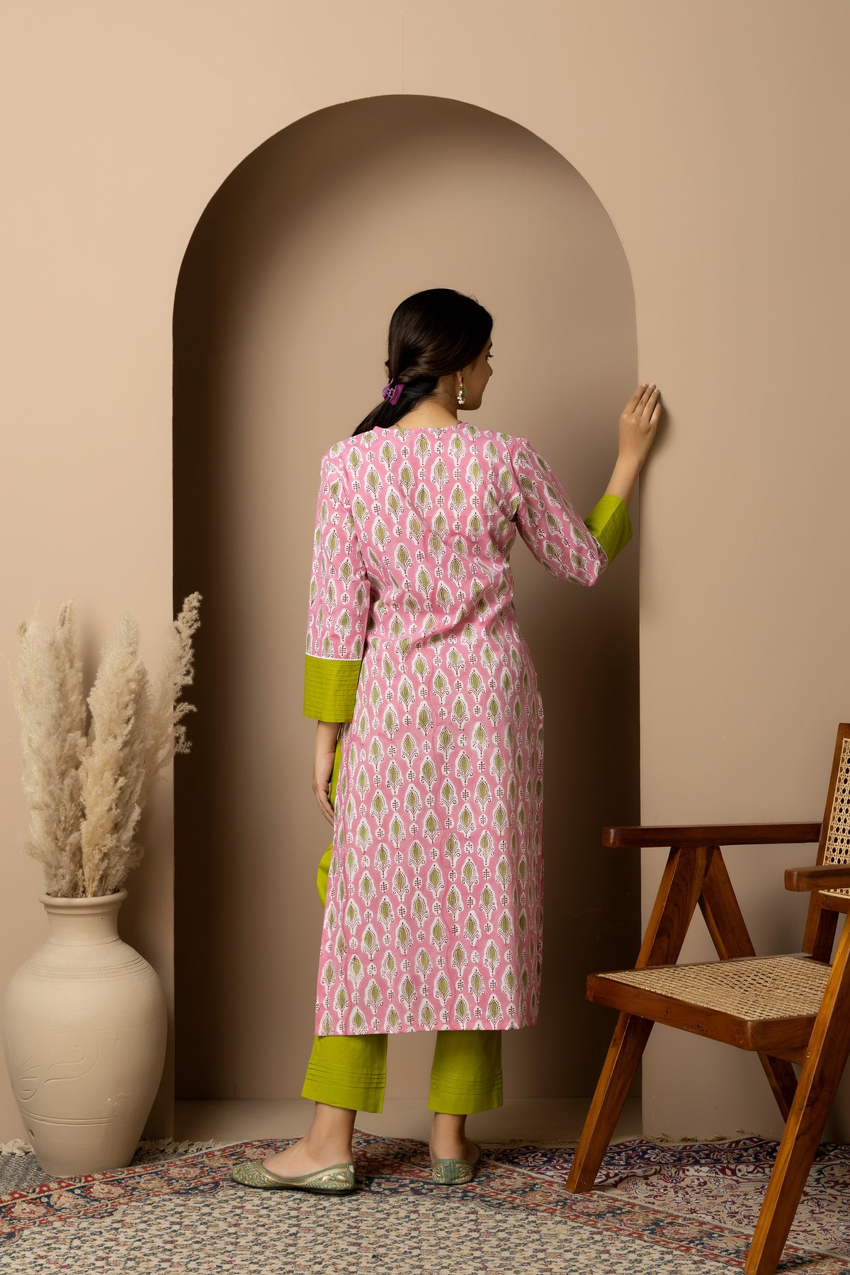 Pink Grove- cotton pink Jaipur hand block kurta with green straight pants