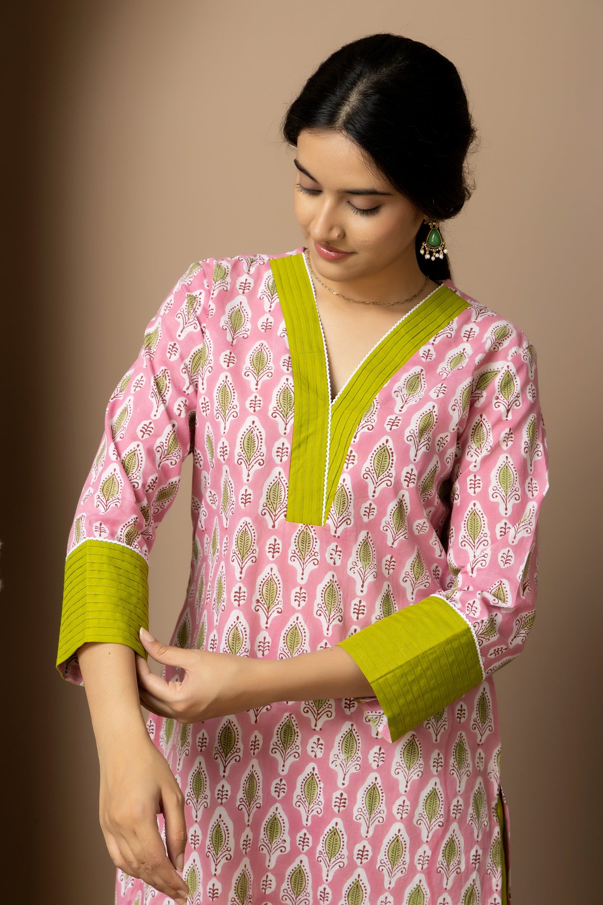 Pink Grove- cotton pink Jaipur hand block kurta with green straight pants