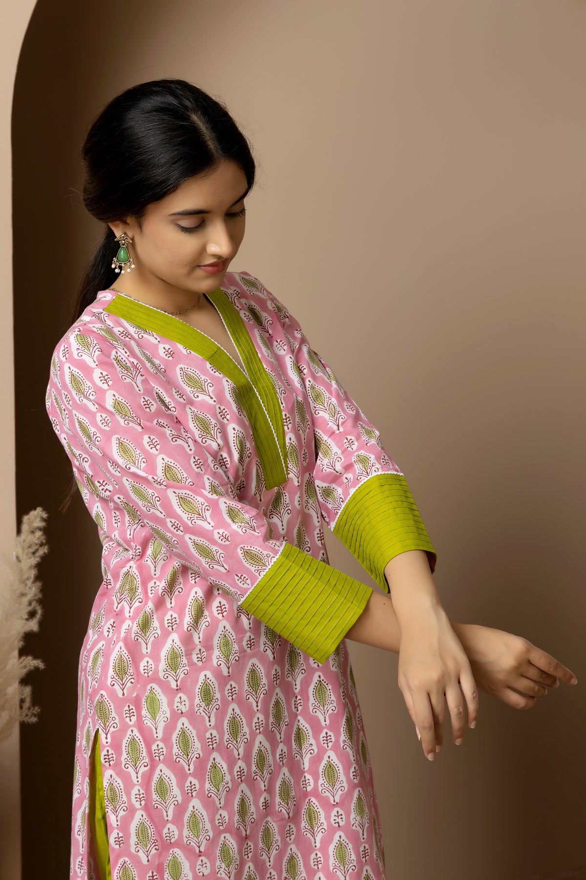 Pink Grove- cotton pink Jaipur hand block kurta with green straight pants