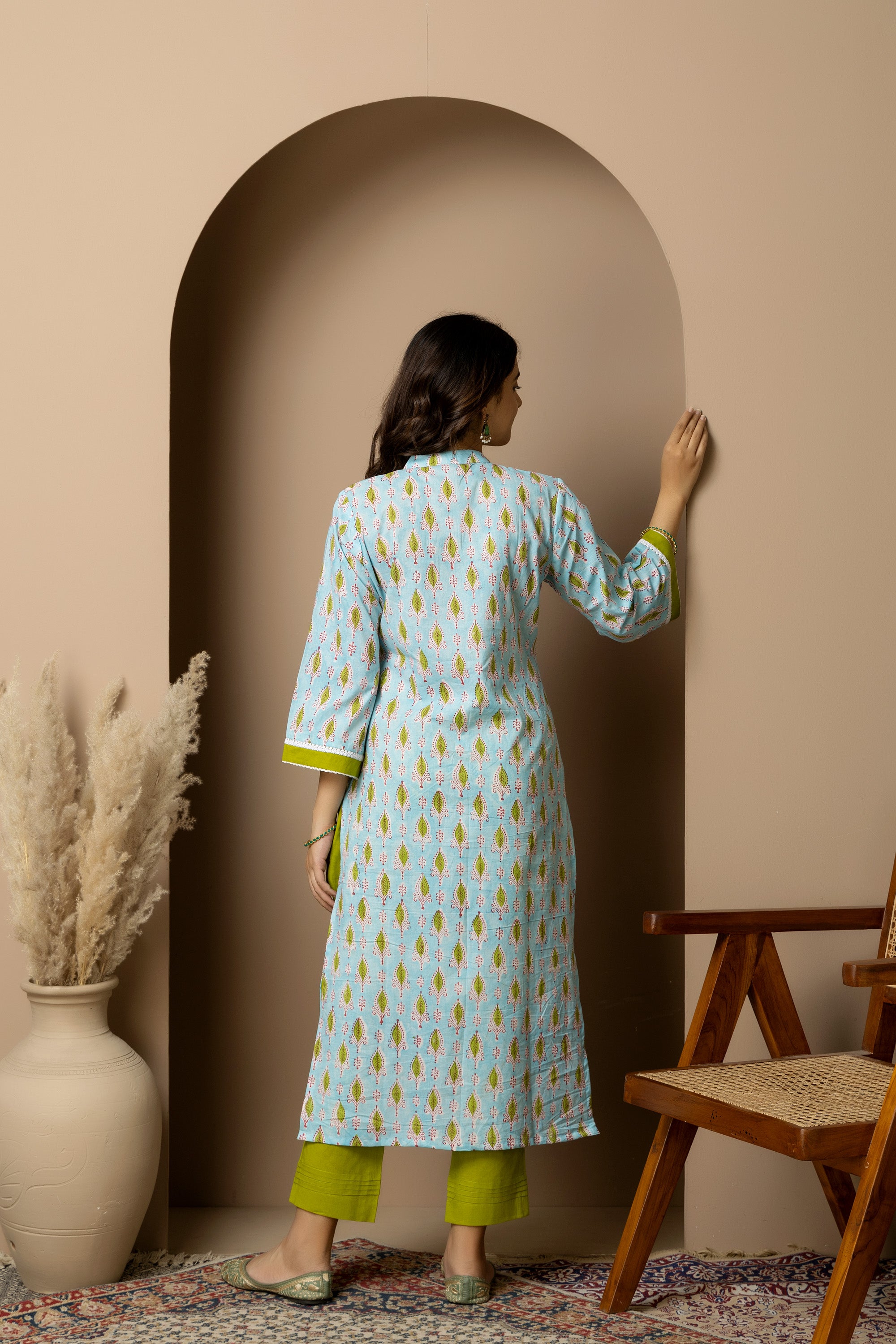Neelambari- 100% cotton light blue hand block print kurta with green leaf motif
