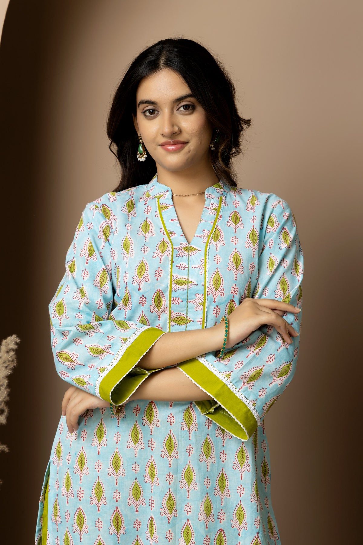 Neelambari- cotton light blue Jaipur hand block kurta with green straight pants