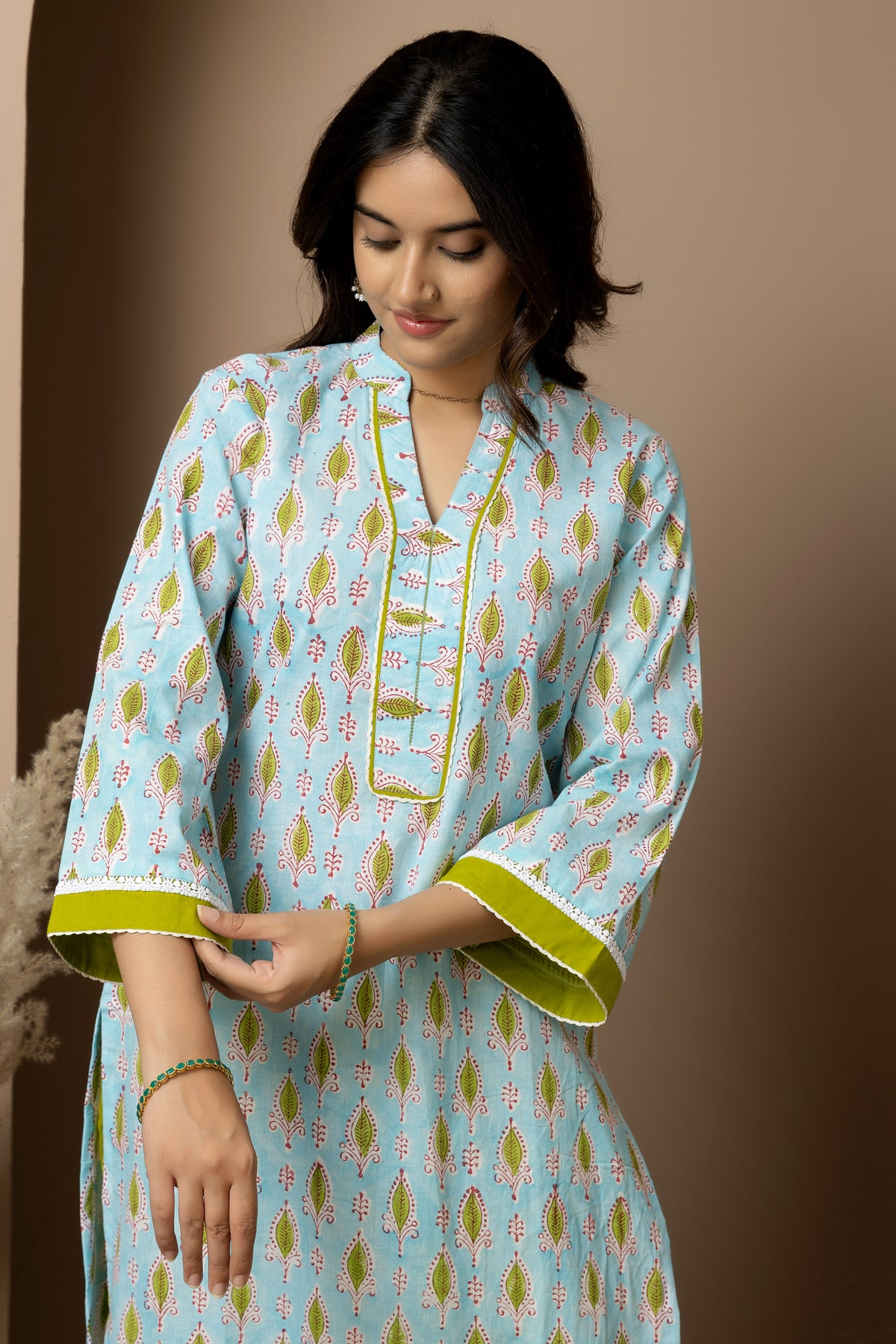 Neelambari- cotton light blue Jaipur hand block kurta with green straight pants