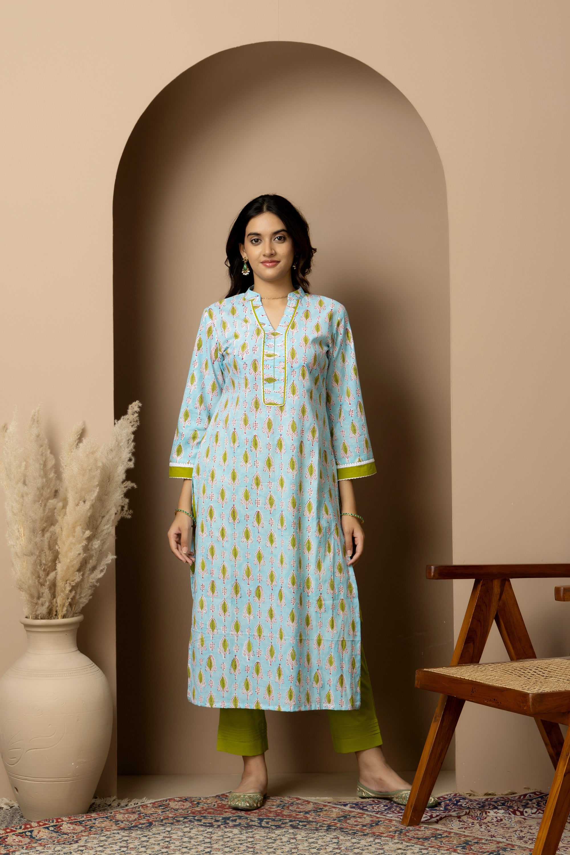 Neelambari- 100% cotton light blue hand block print kurta with green leaf motif