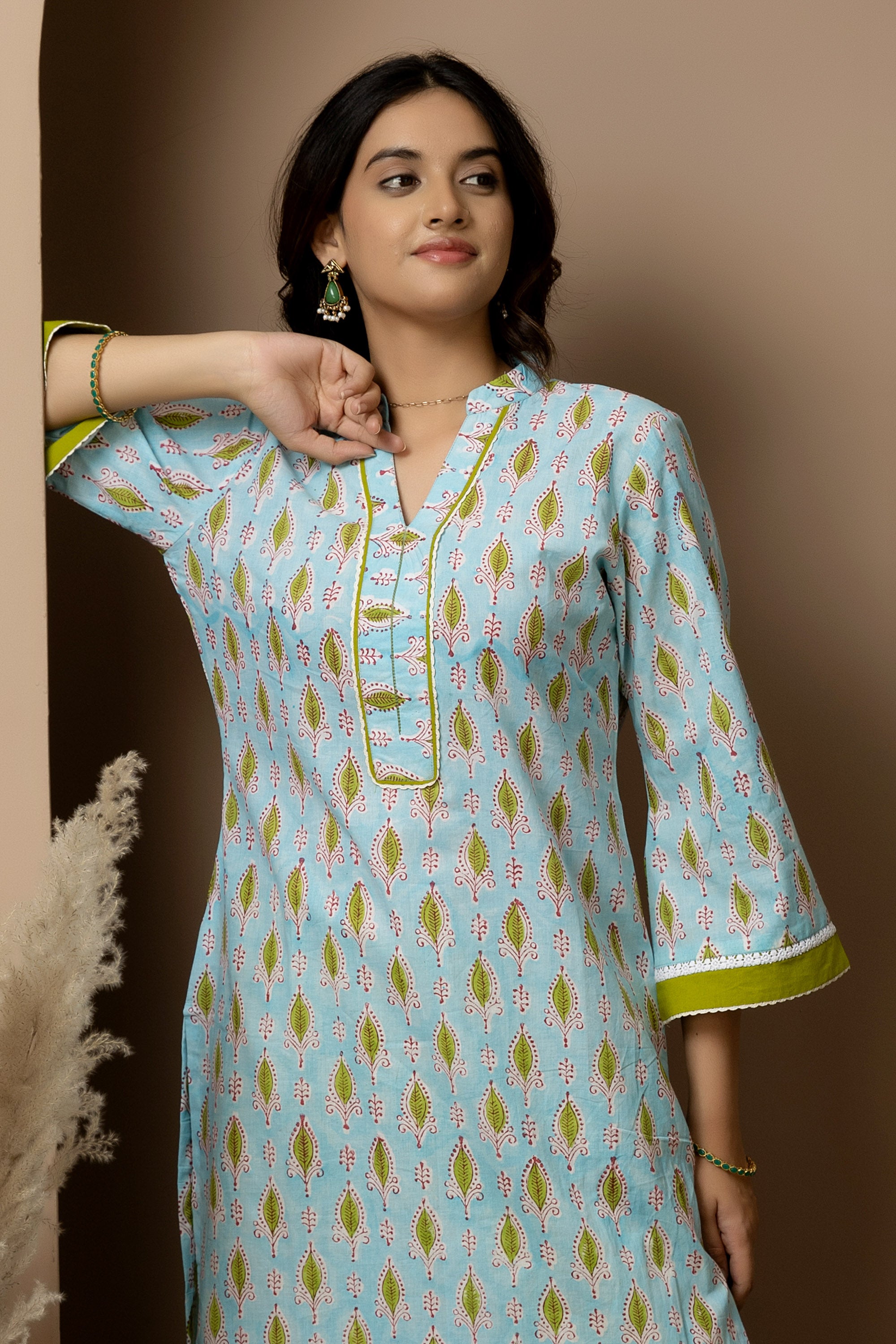 Neelambari- 100% cotton light blue hand block print kurta with green leaf motif