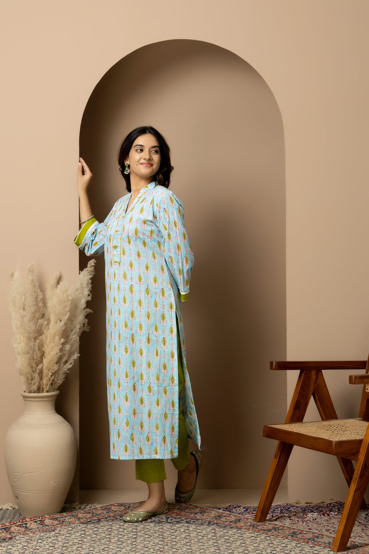 Neelambari- cotton light blue Jaipur hand block kurta with green straight pants
