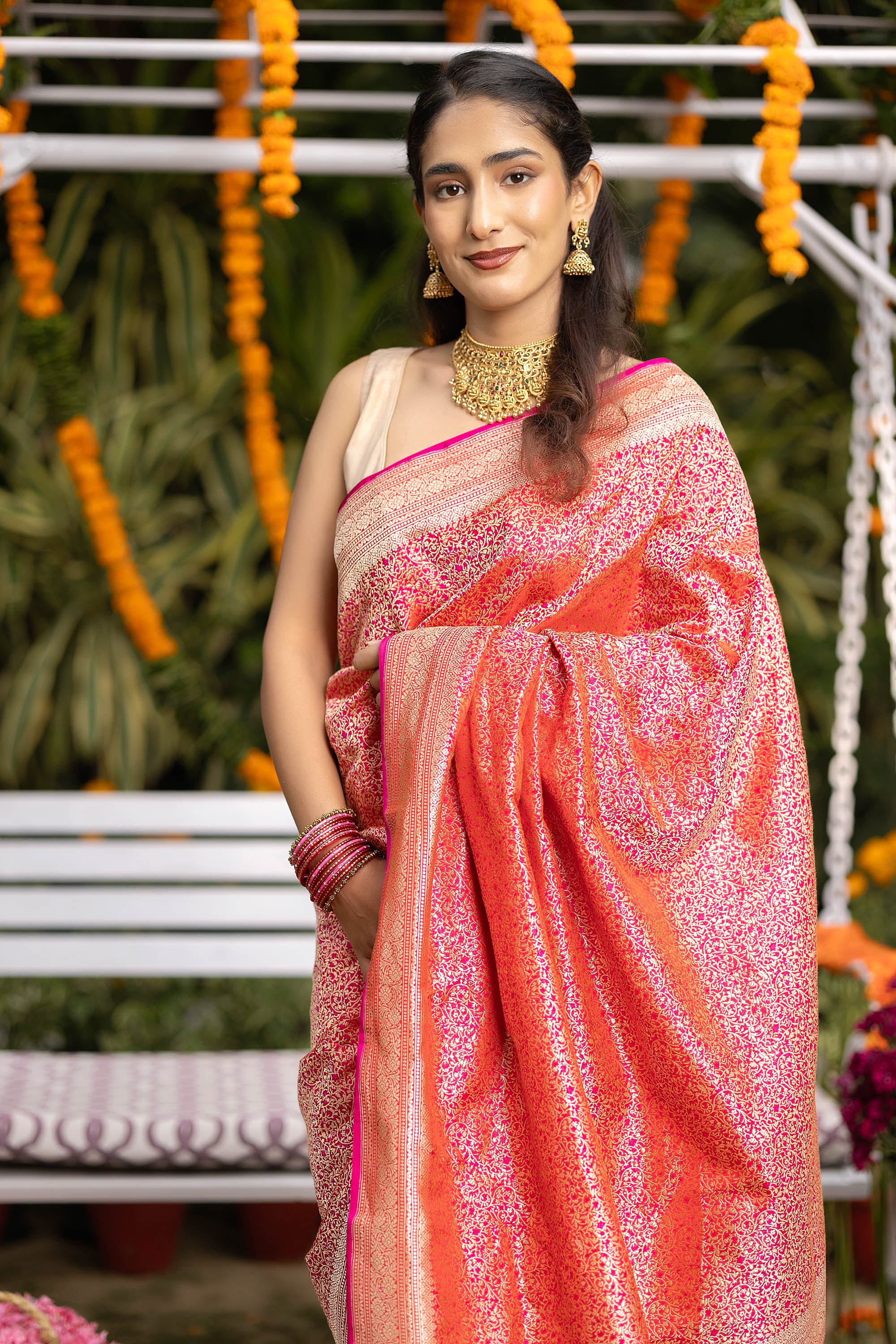Banarasi Handloom Red-pink pure silk saree with fine zari Jaal work