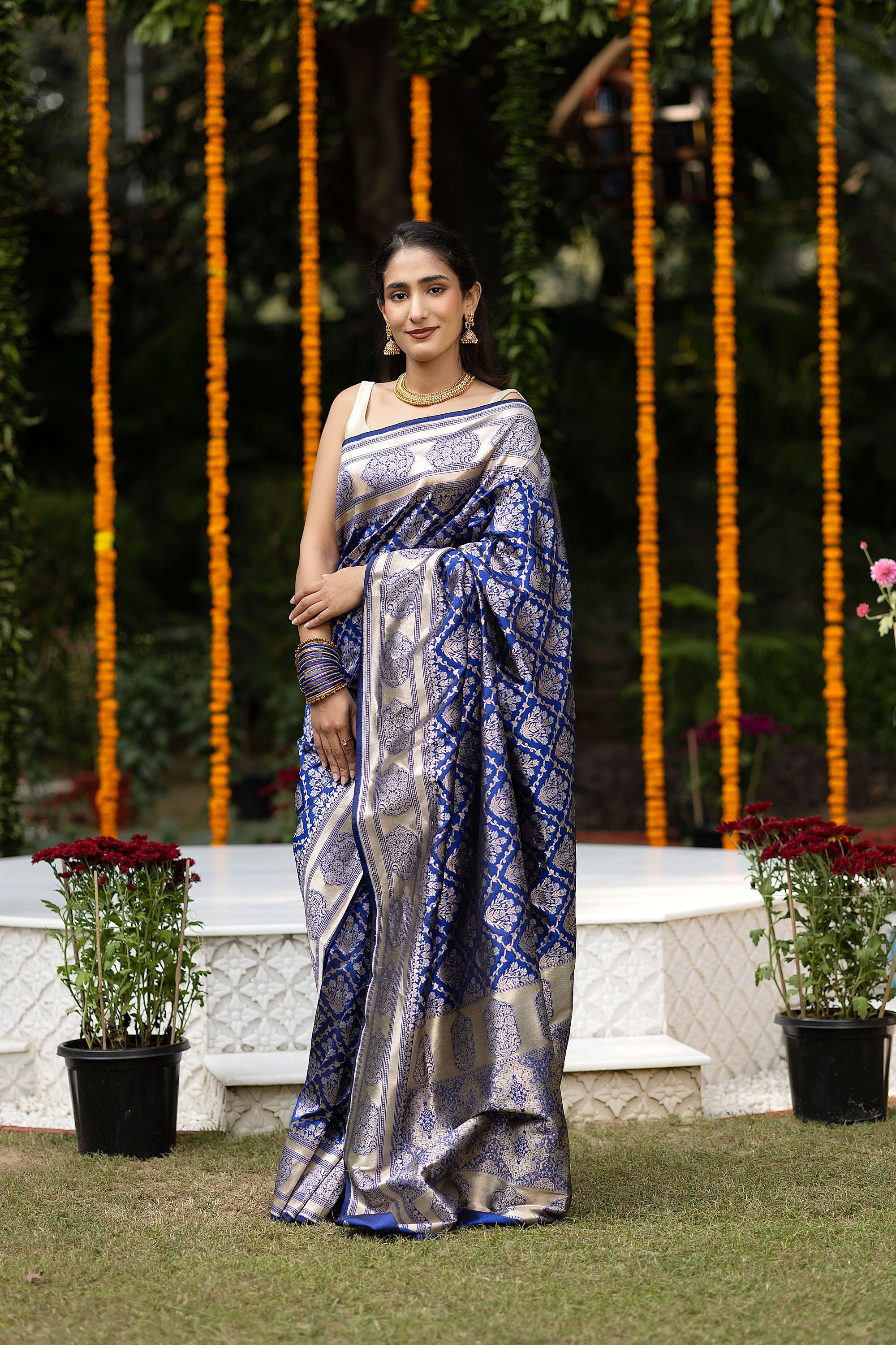 Banarasi Handloom rich blue pure silk saree with zari Jaal work