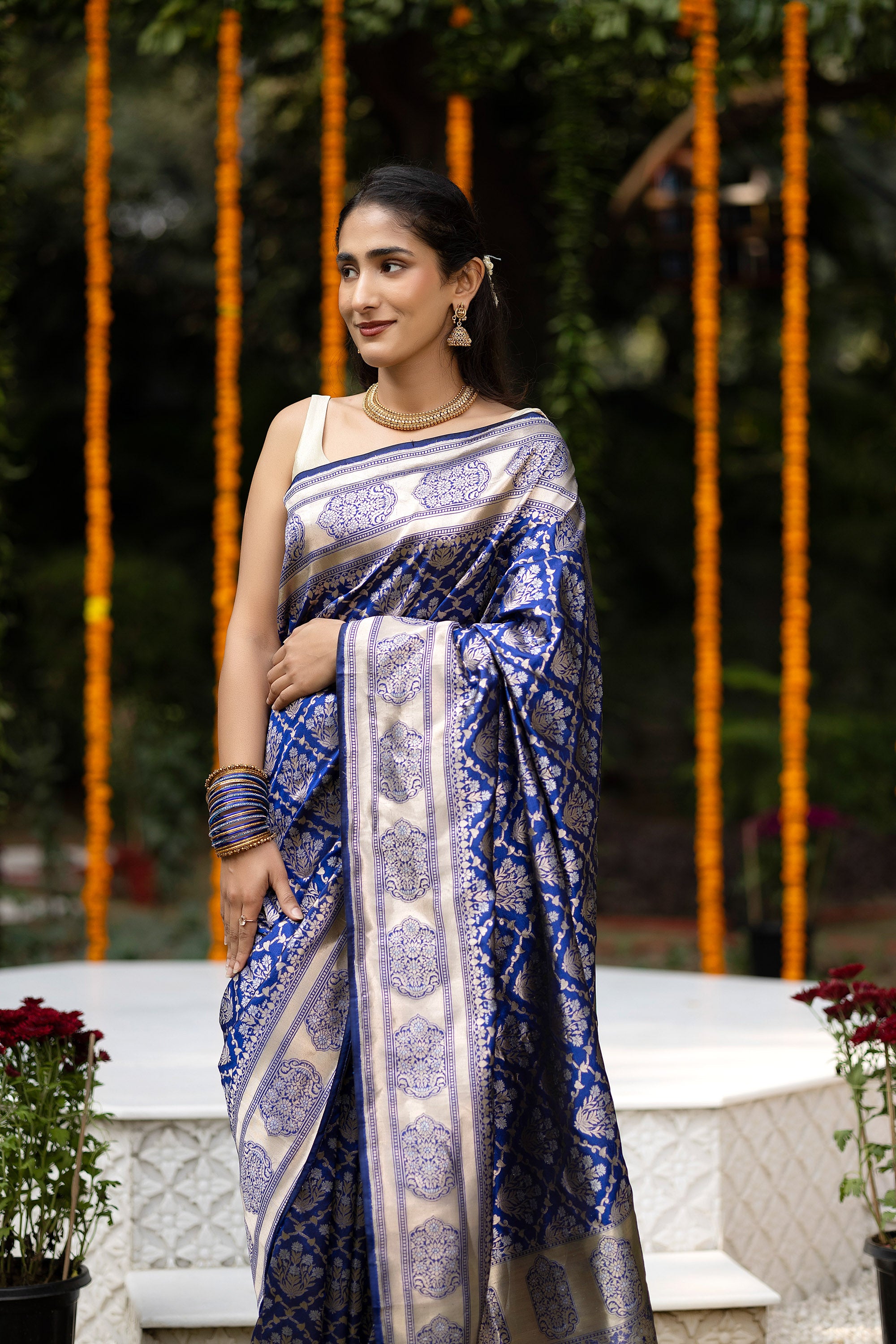 Banarasi Handloom rich blue pure silk saree with zari Jaal work