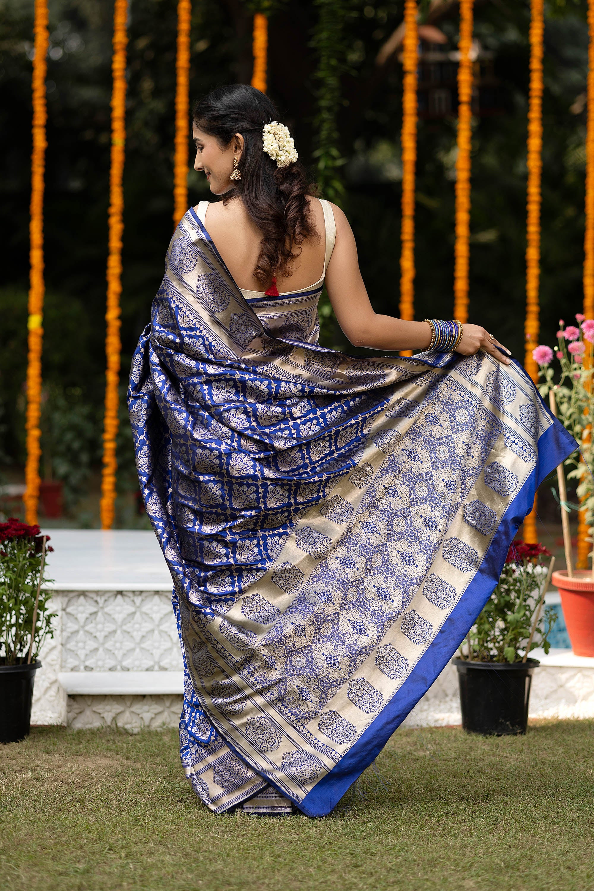 Banarasi Handloom rich blue pure silk saree with zari Jaal work
