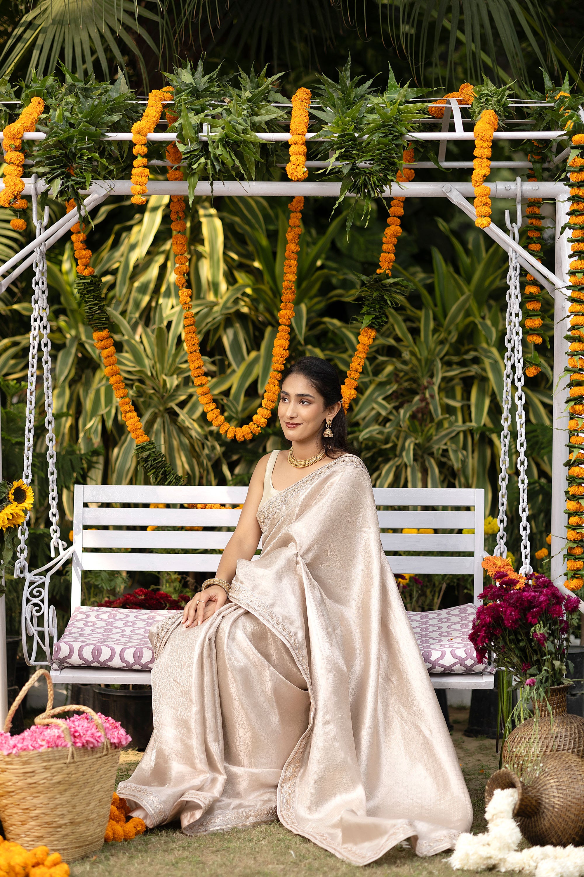 Banarasi pure tissue silk silver white saree with embellishment lace on the border