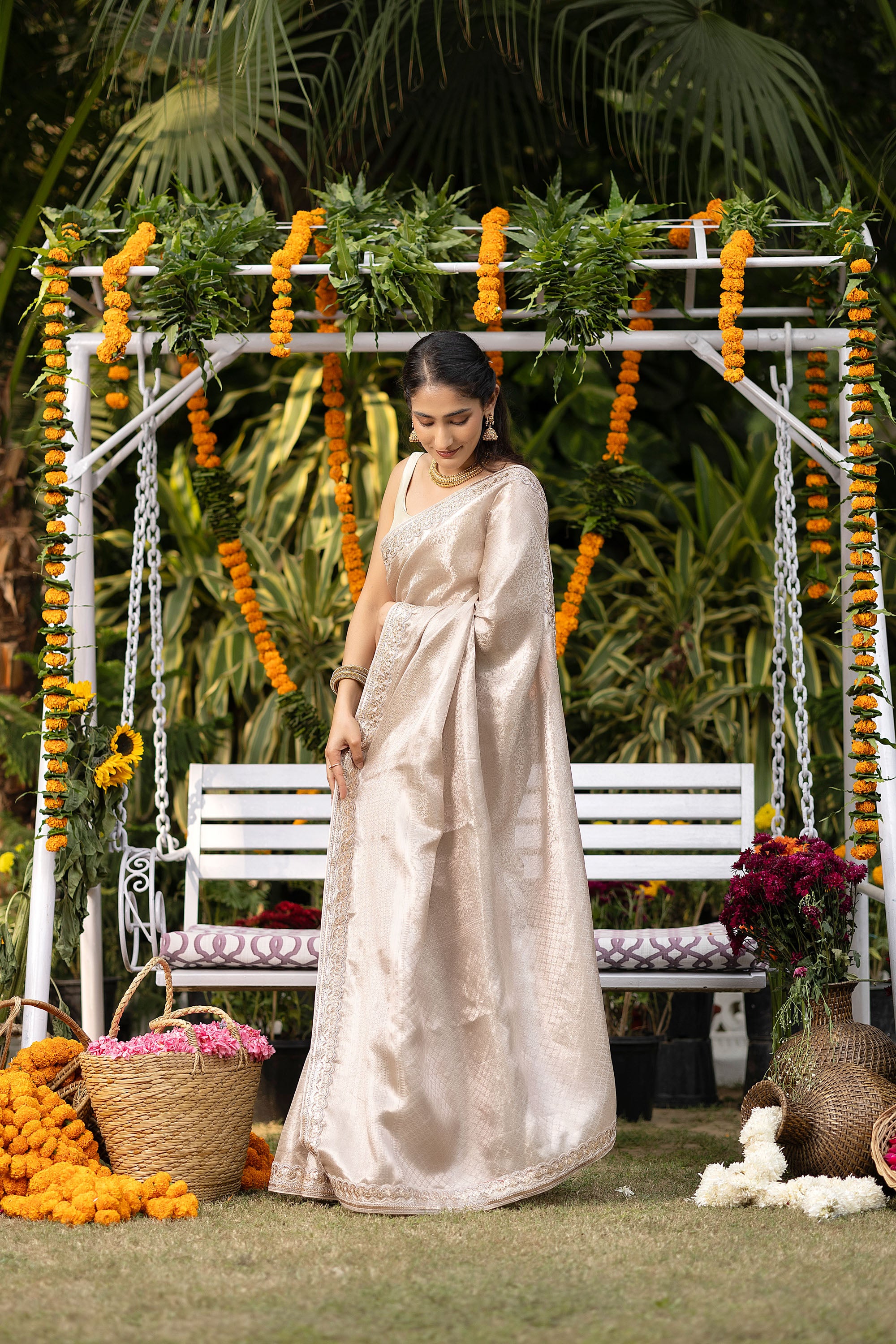 Banarasi pure tissue silk silver white saree with embellishment lace on the border