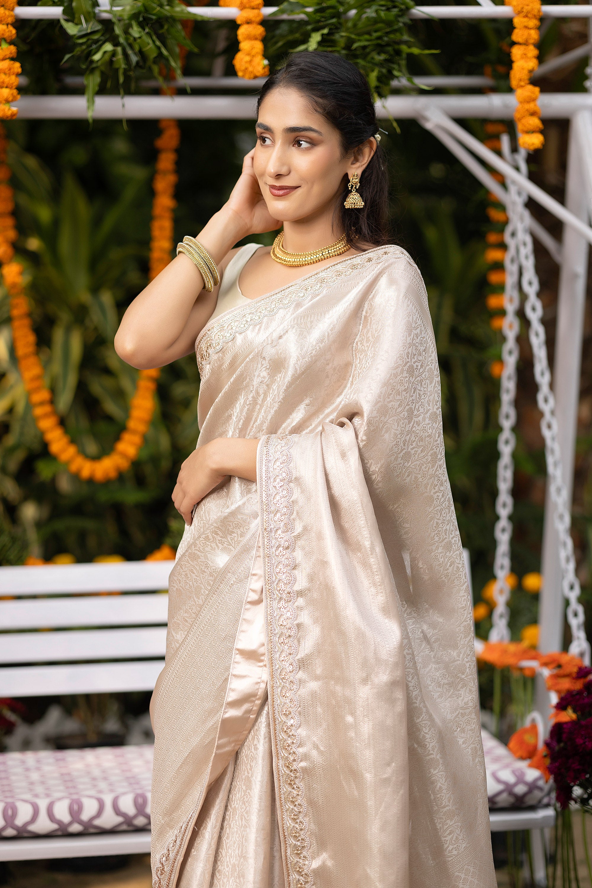 Banarasi pure tissue silk silver white saree with embellishment lace on the border