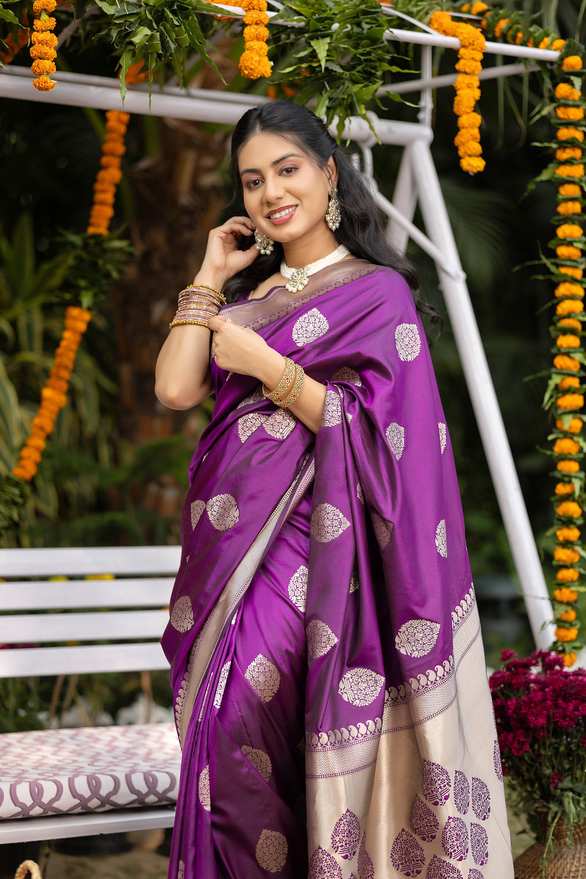 Banarasi Handloom rich purple pure silk saree with large buta and border