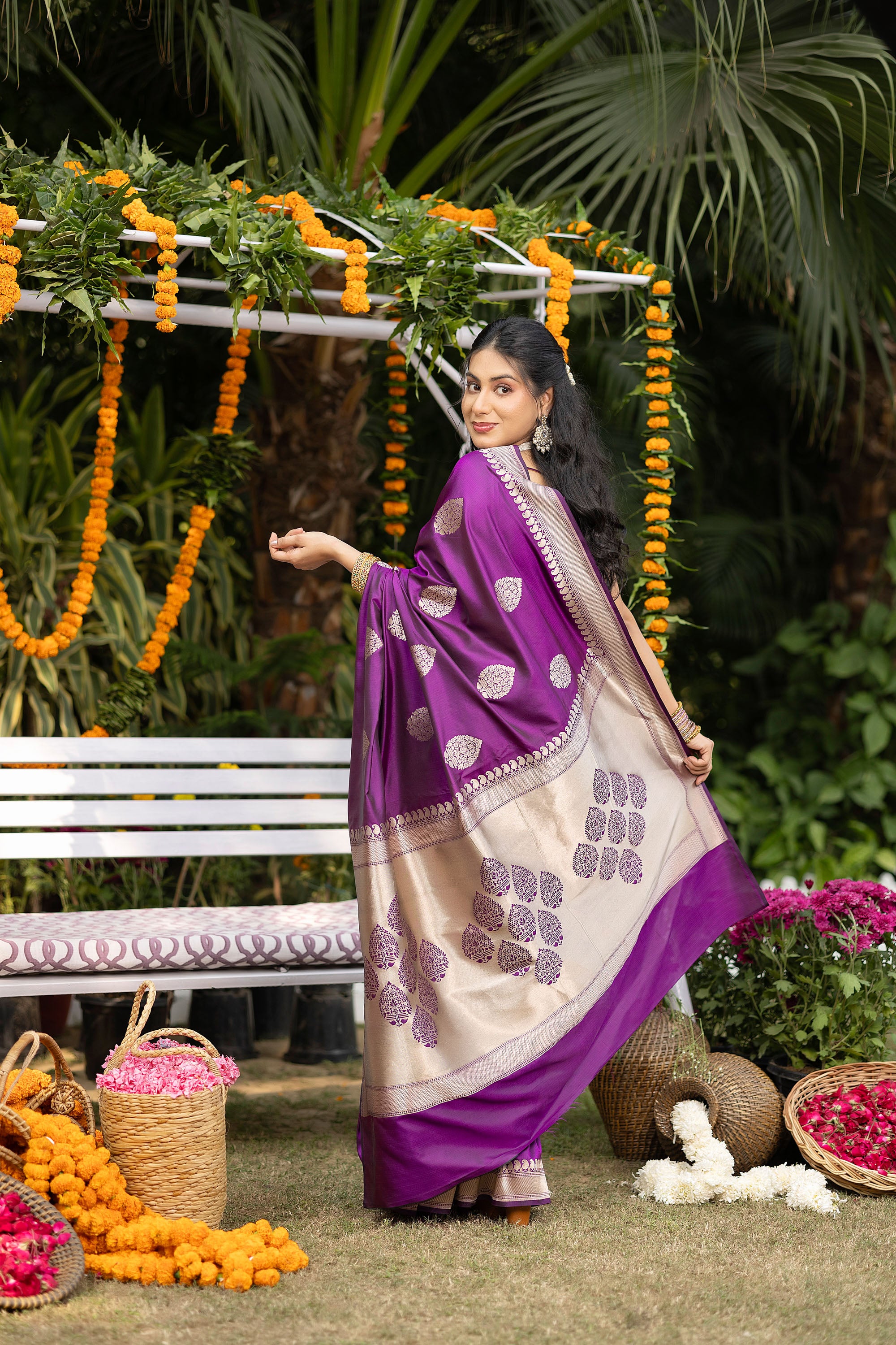 Banarasi Handloom rich purple pure silk saree with large buta and border