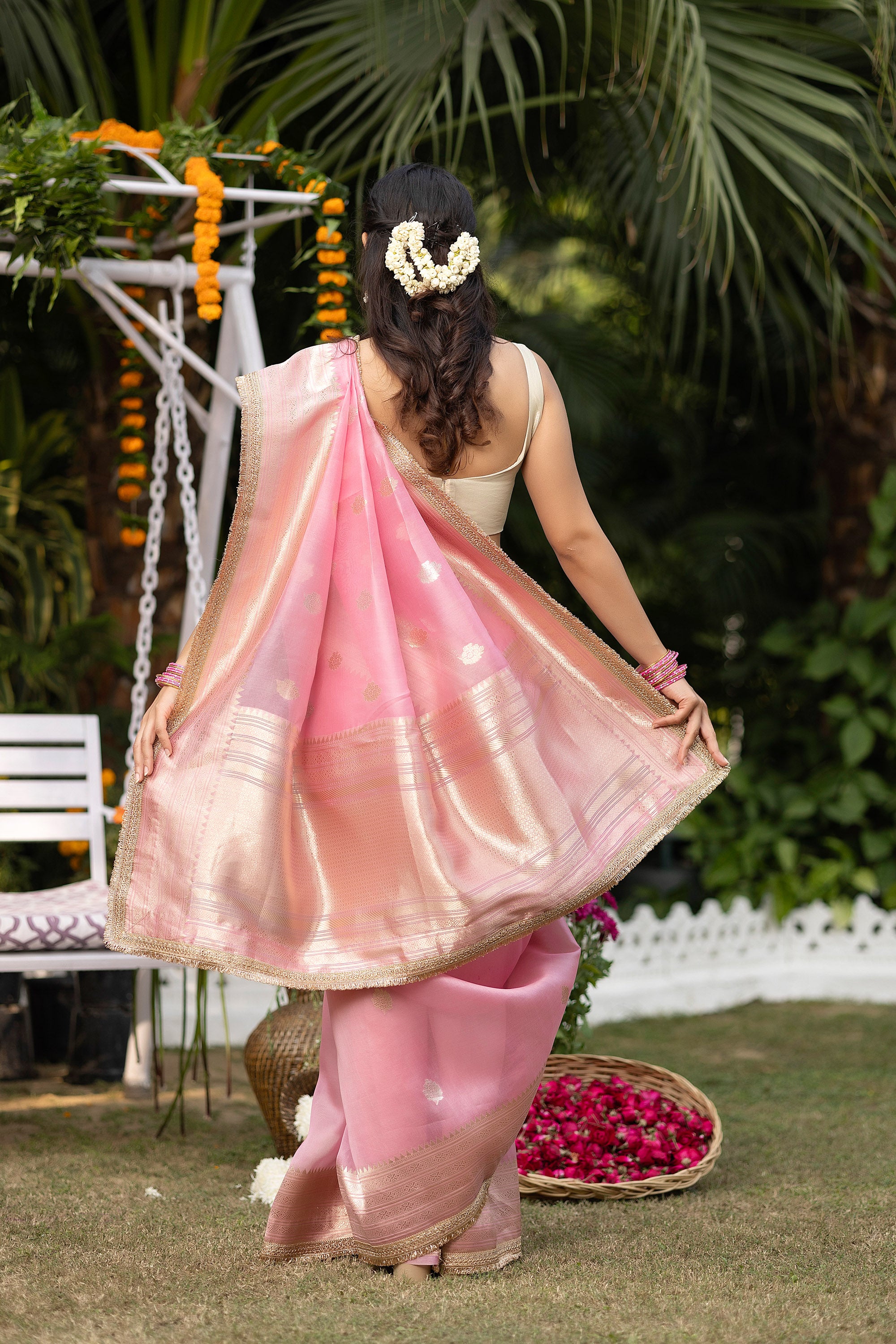 Banarasi handloom pink pure organza silk saree with zari Buti and border and embellishment lace on the border