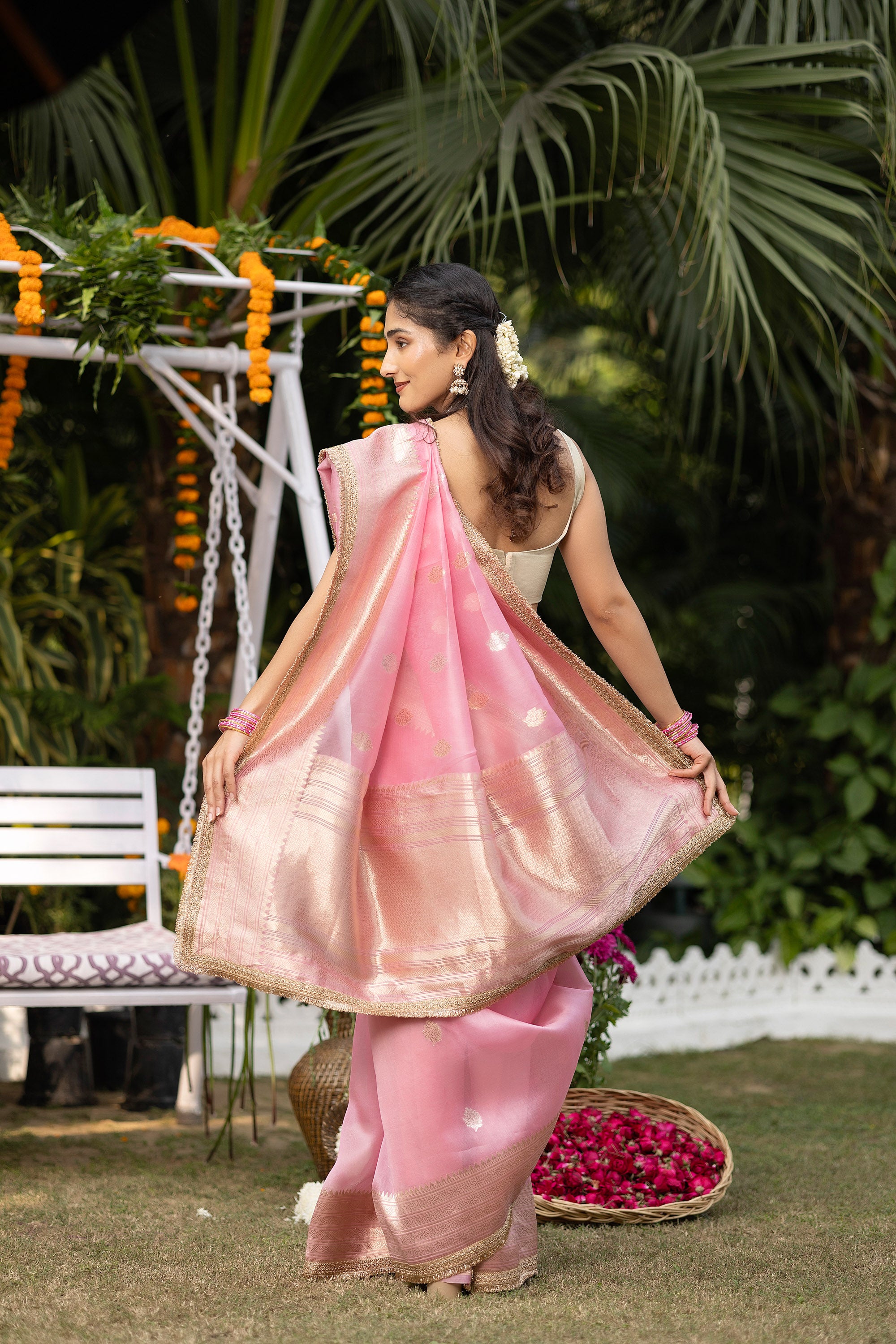 Banarasi handloom pink pure organza silk saree with zari Buti and border and embellishment lace on the border