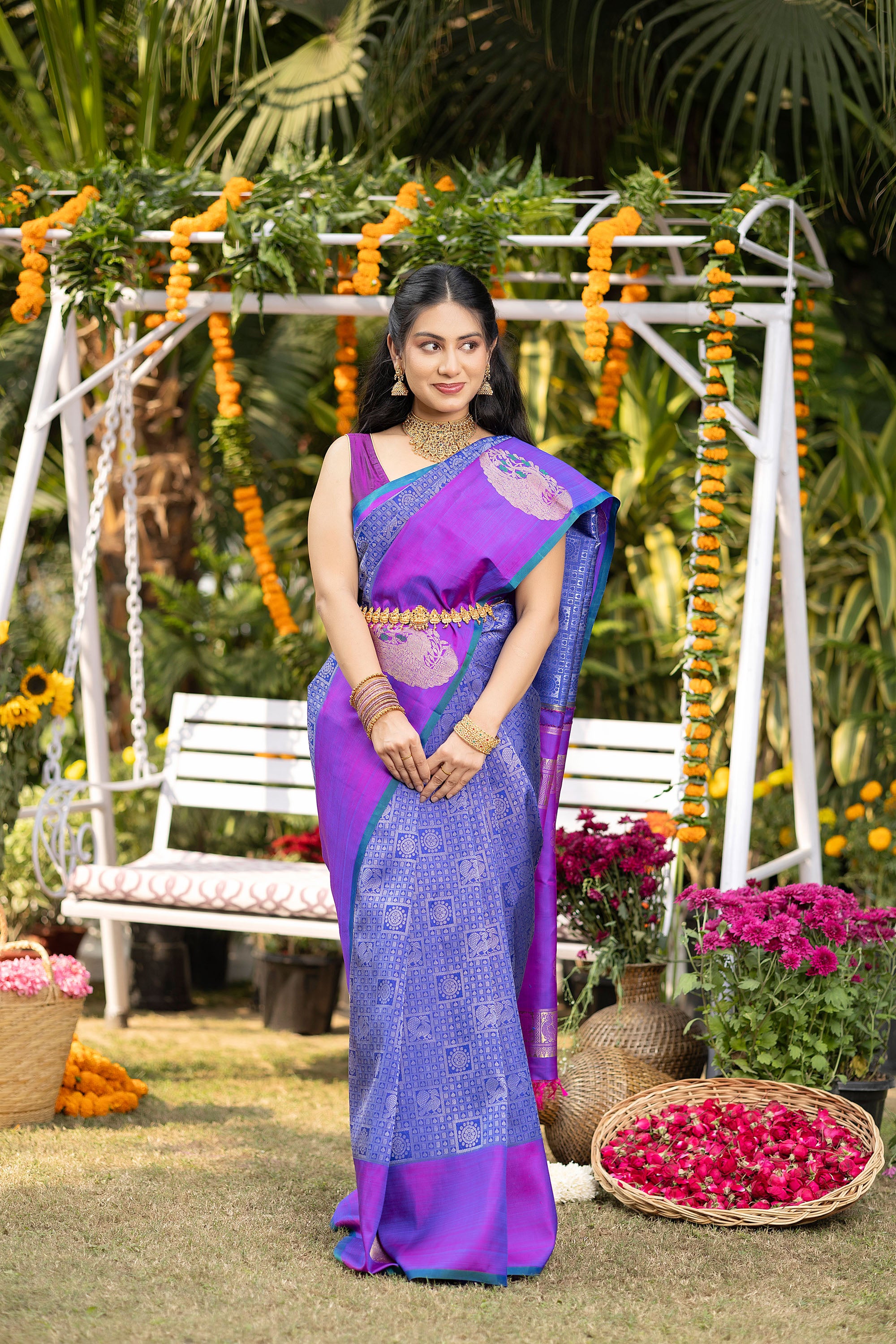 Kanjivaram handloom pure silk pure zari blue saree with a magenta border