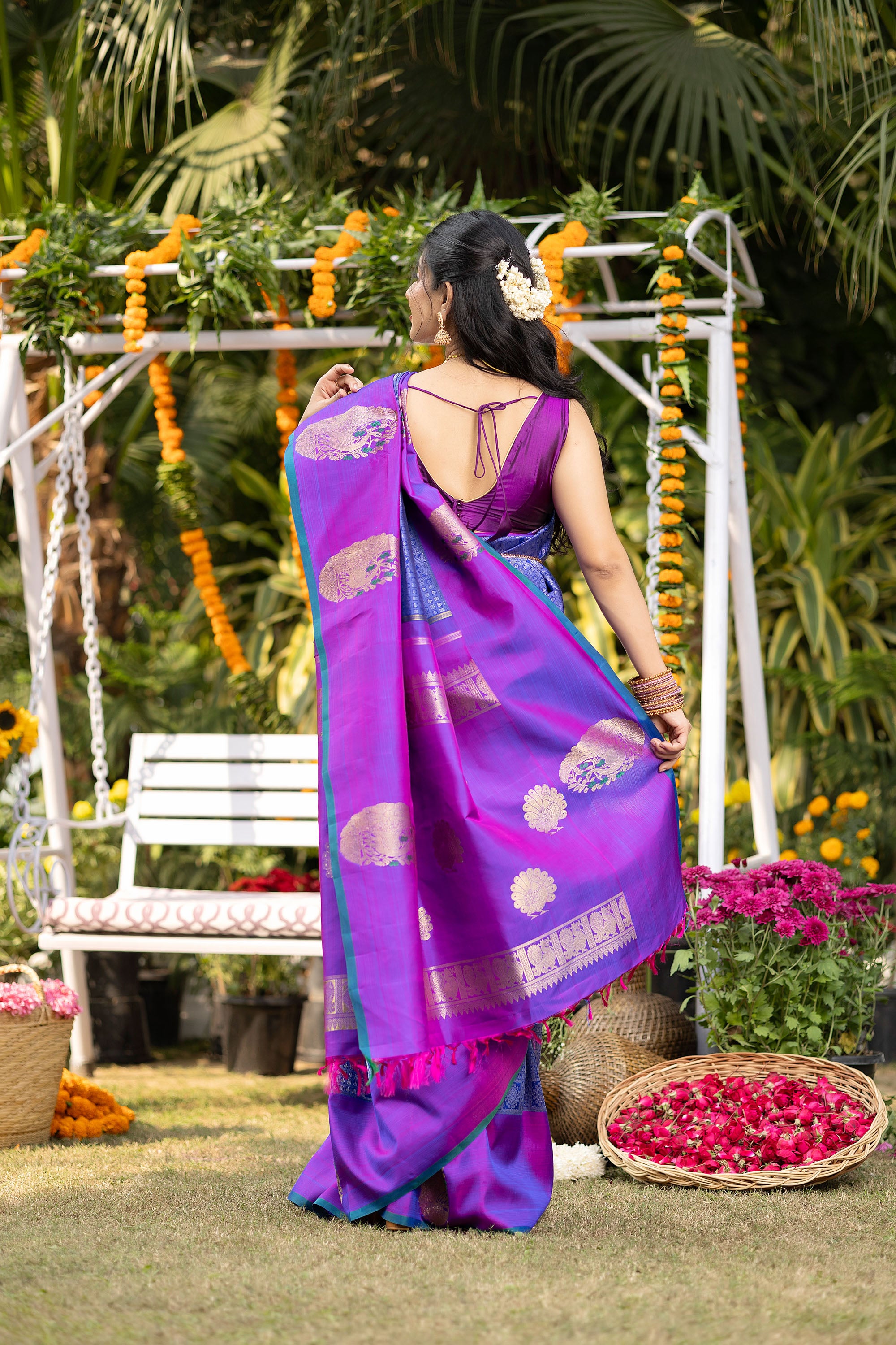 Kanjivaram handloom pure silk pure zari blue saree with a magenta border
