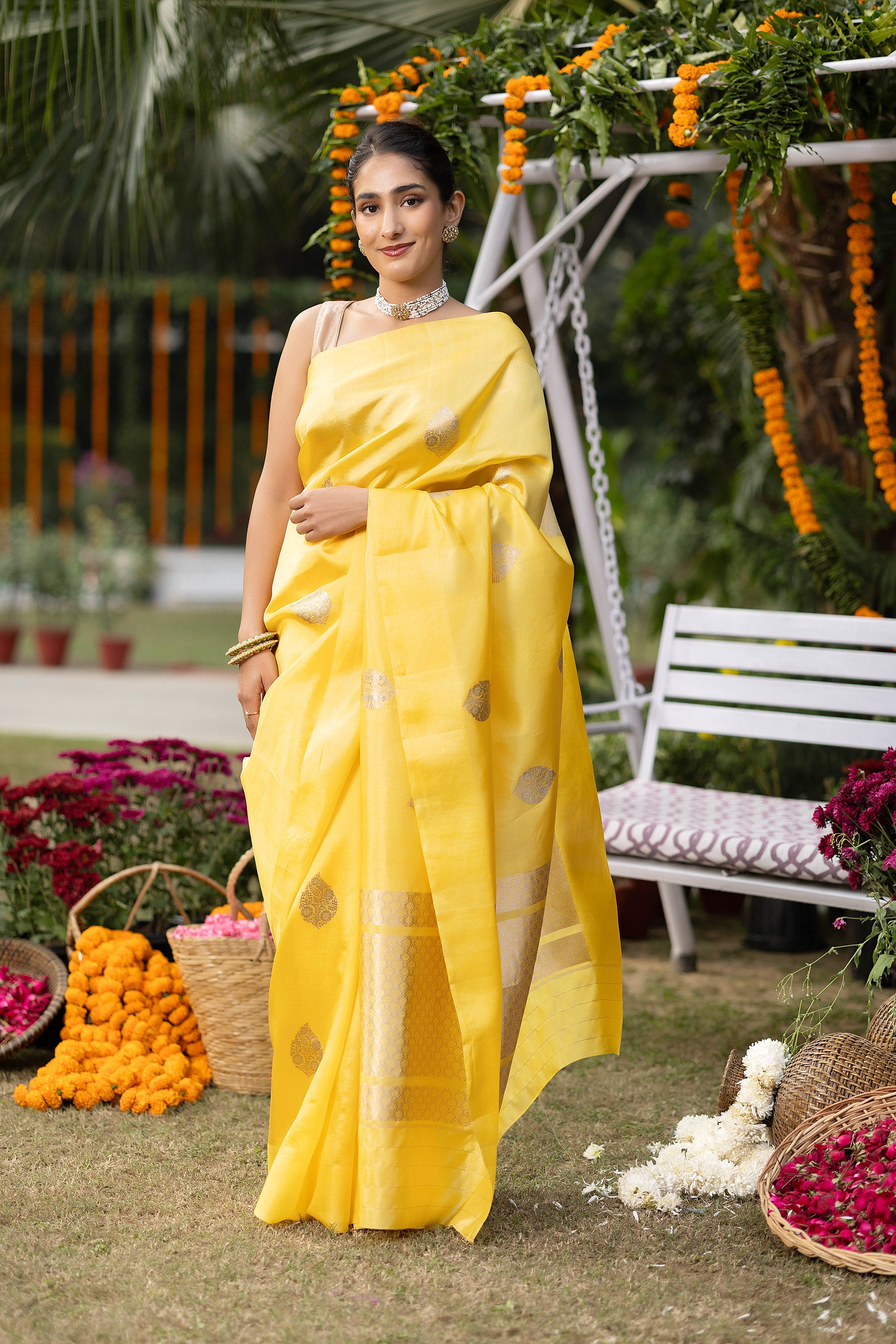 Banarasi handloom yellow pure silk saree with large zari Buti and zari pallu