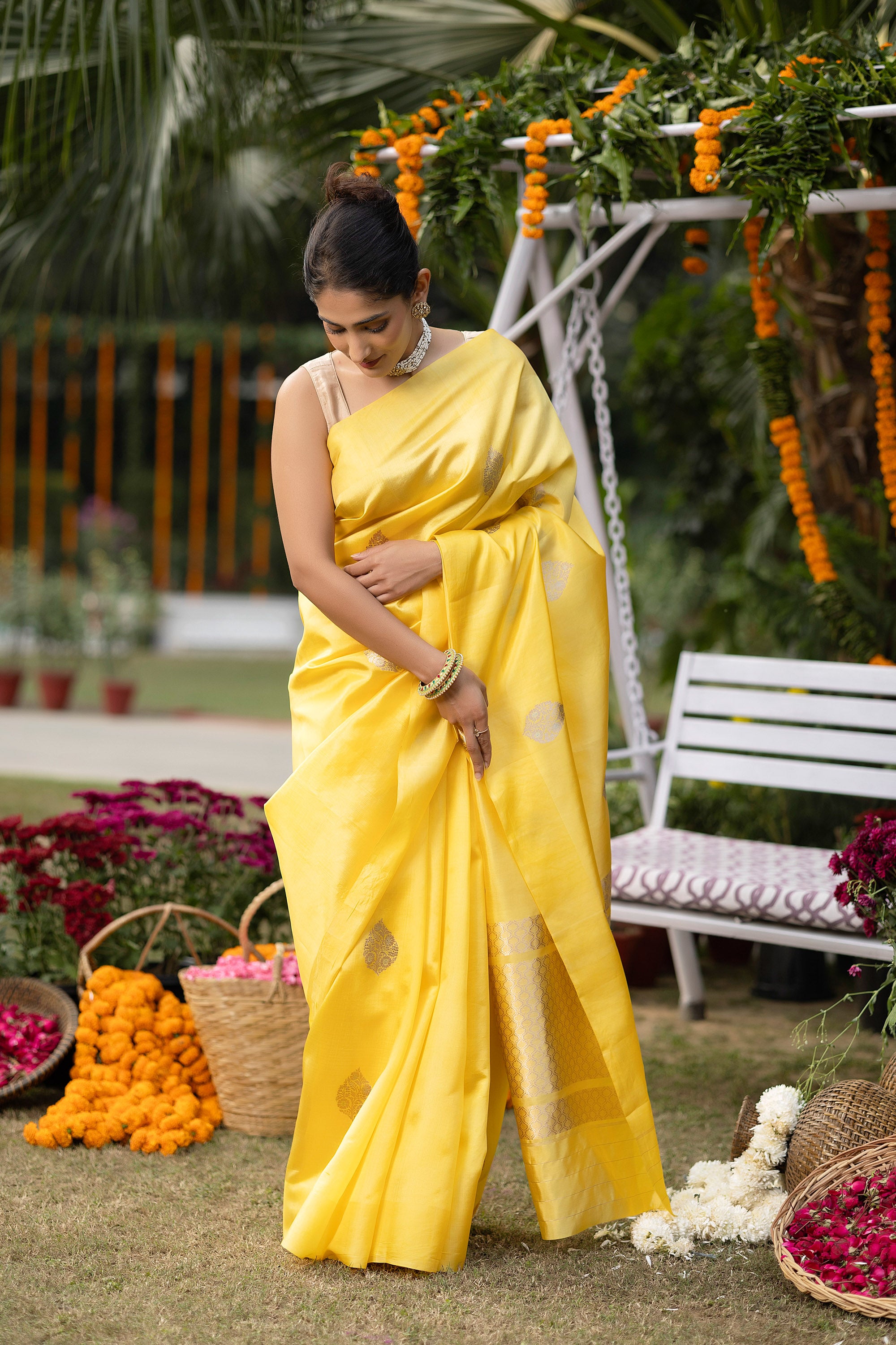 Banarasi handloom yellow pure silk saree with large zari Buti and zari pallu