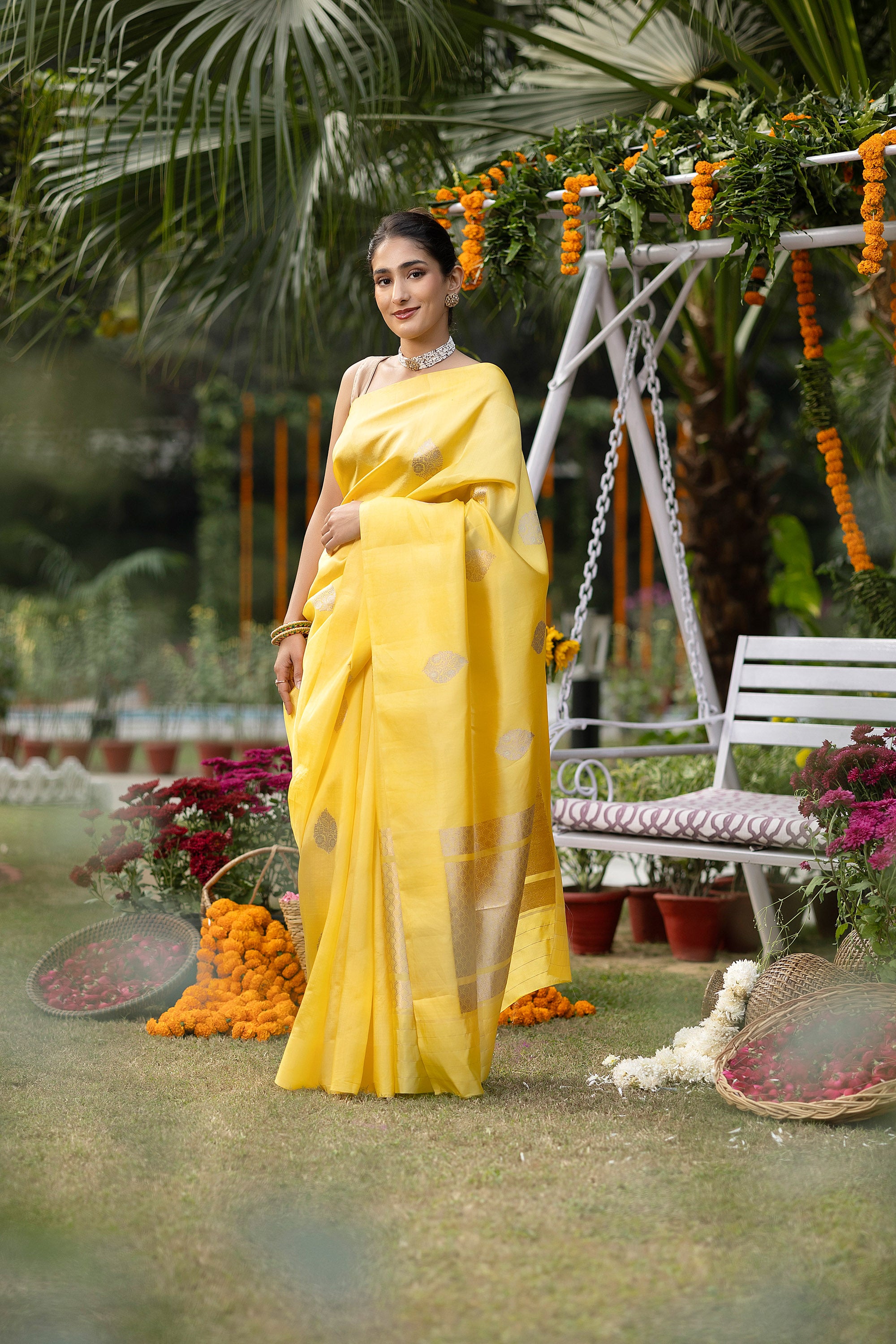 Banarasi handloom yellow pure silk saree with large zari Buti and zari pallu