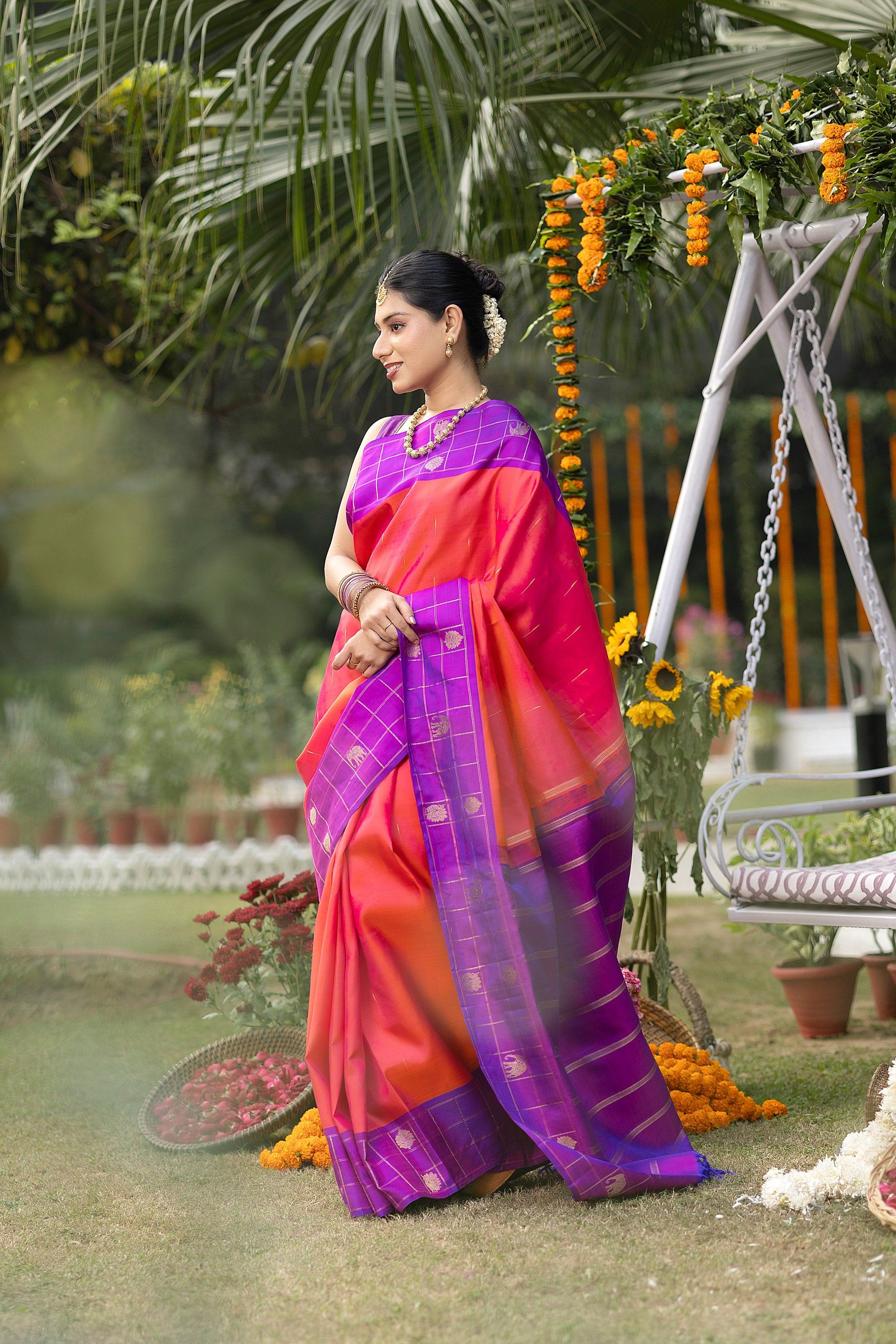 Kanjivaram handloom pure silk pure zari coral red saree with a magenta border