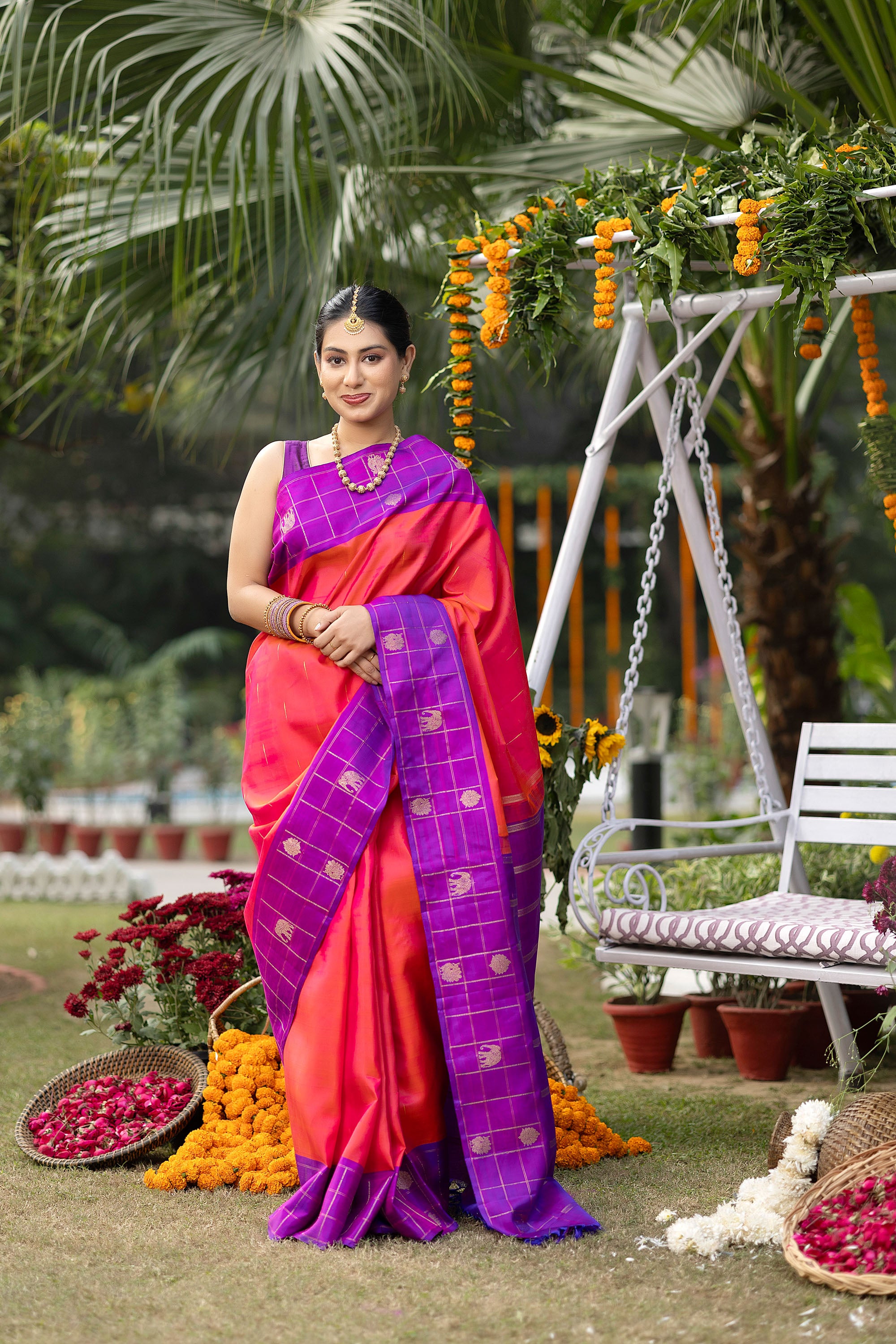 Kanjivaram handloom pure silk pure zari coral red saree with a magenta border