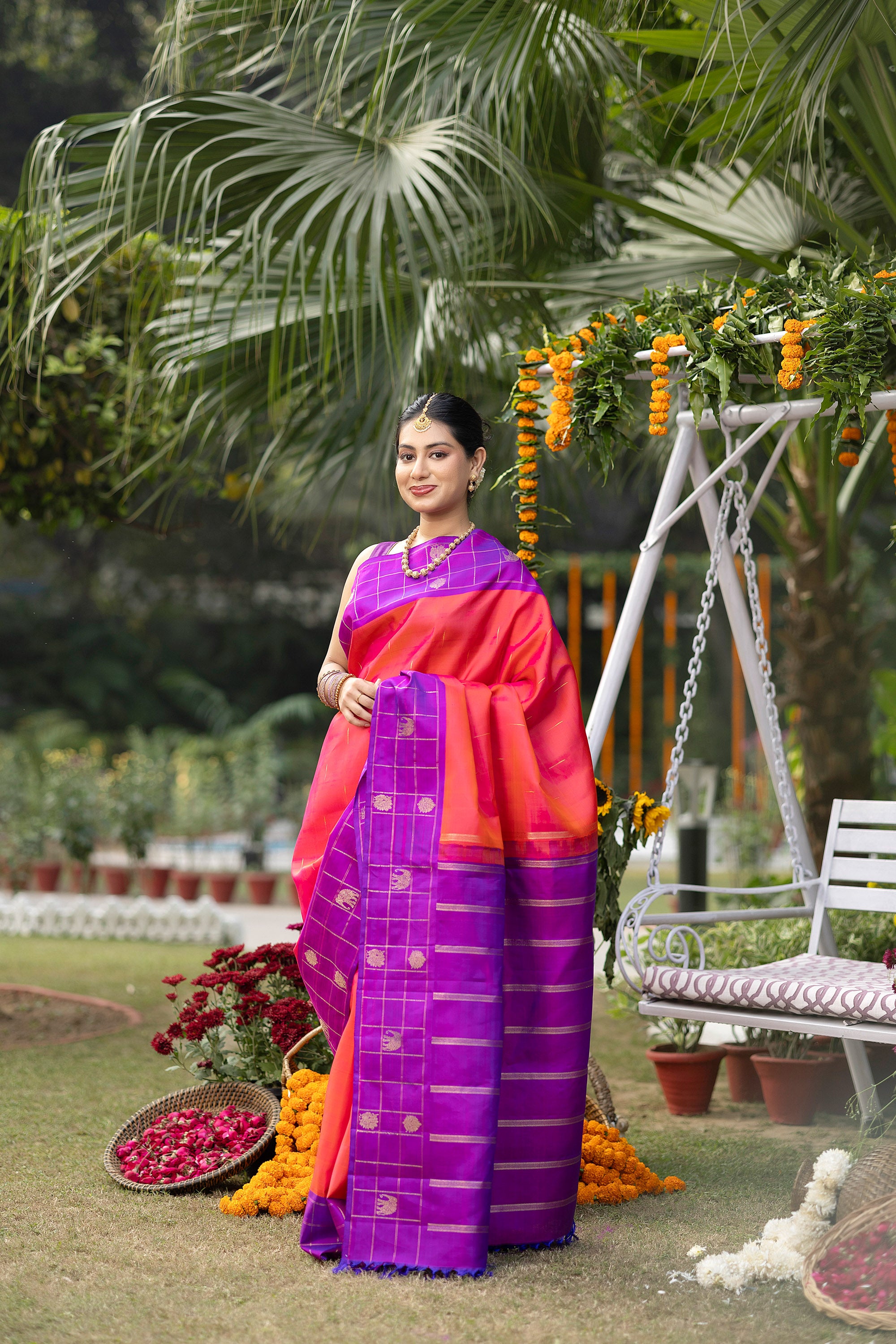 Kanjivaram handloom pure silk pure zari coral red saree with a magenta border