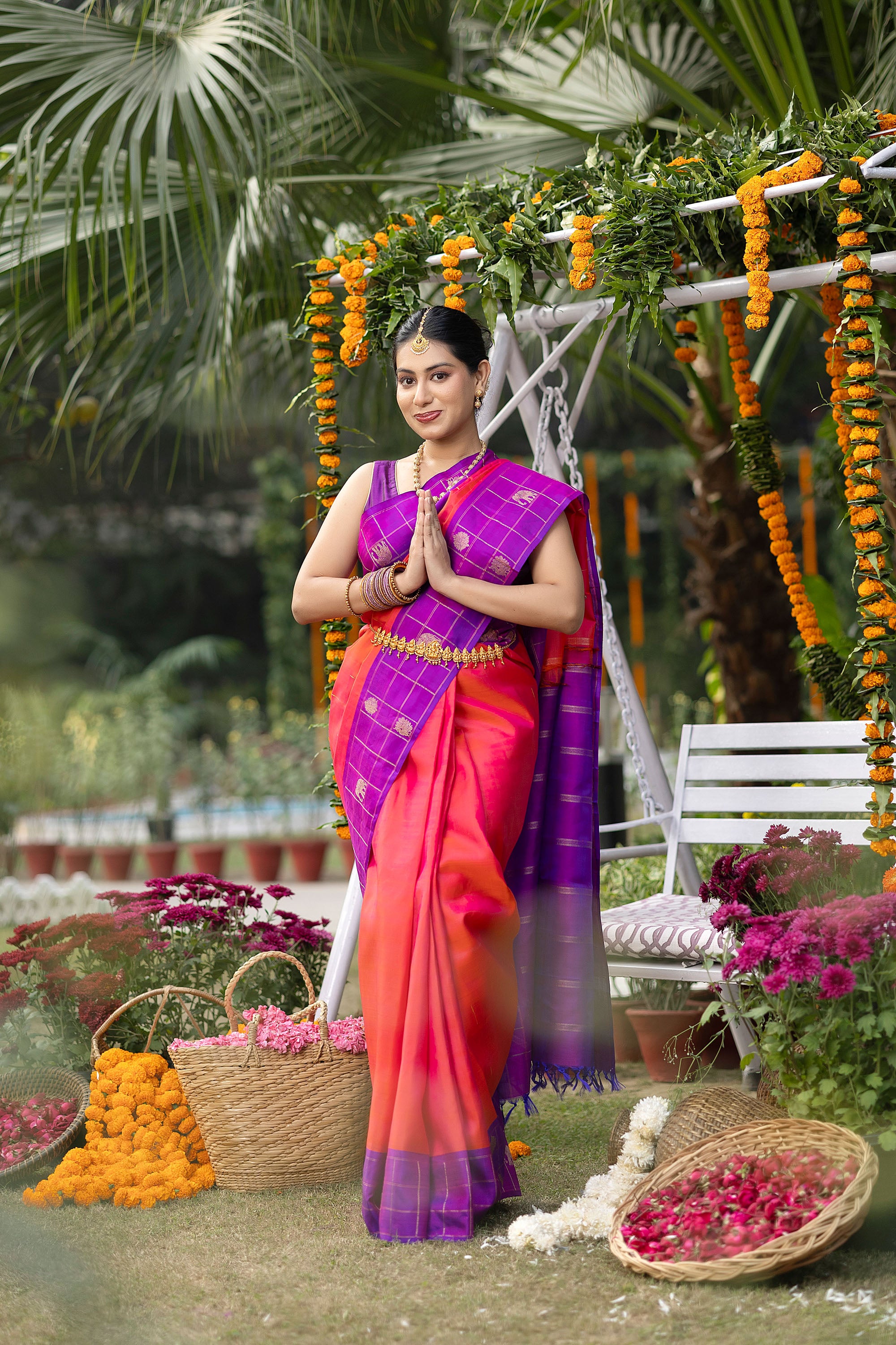 Kanjivaram handloom pure silk pure zari coral red saree with a magenta border