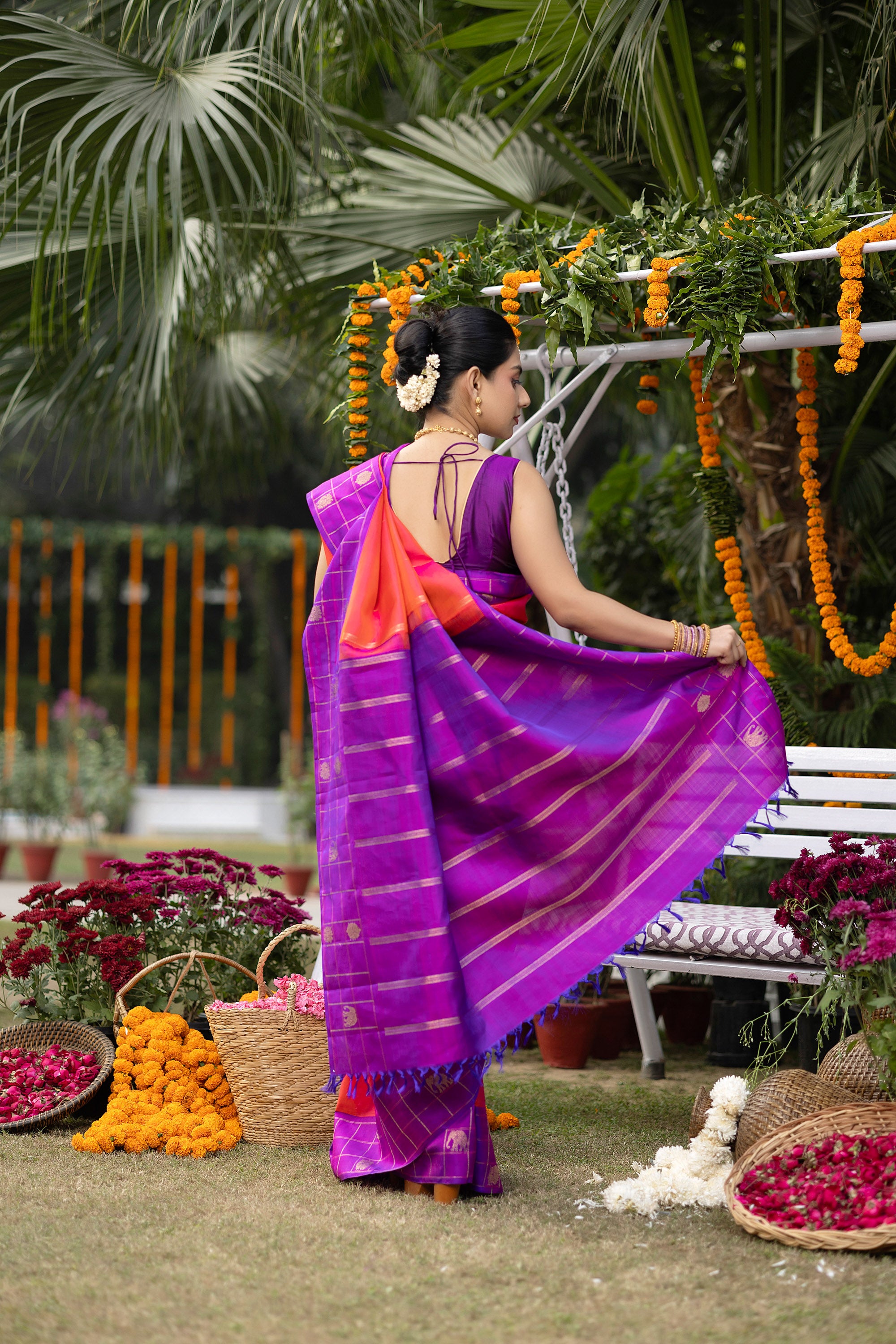 Kanjivaram handloom pure silk pure zari coral red saree with a magenta border