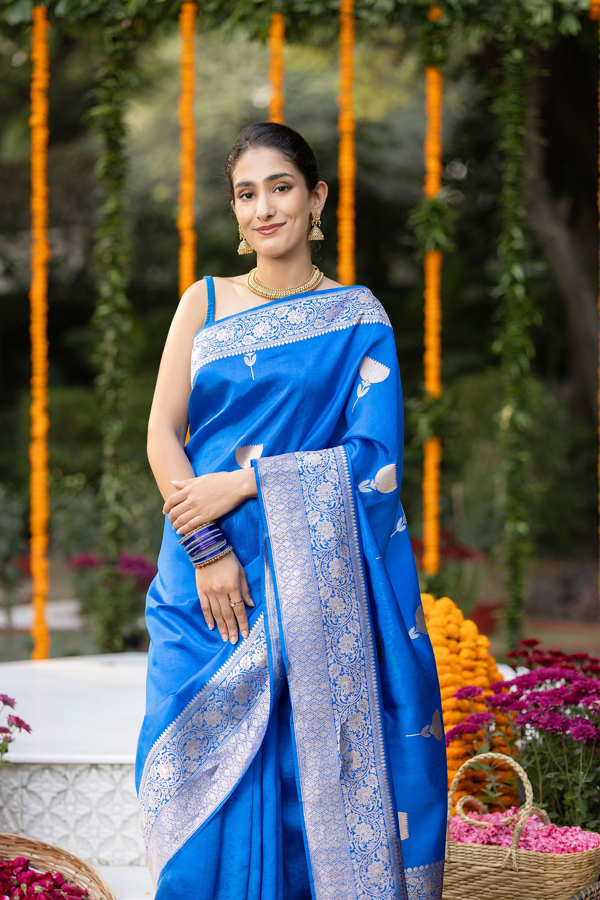 Banarasi Handloom rich blue pure silk saree with zari buta and border
