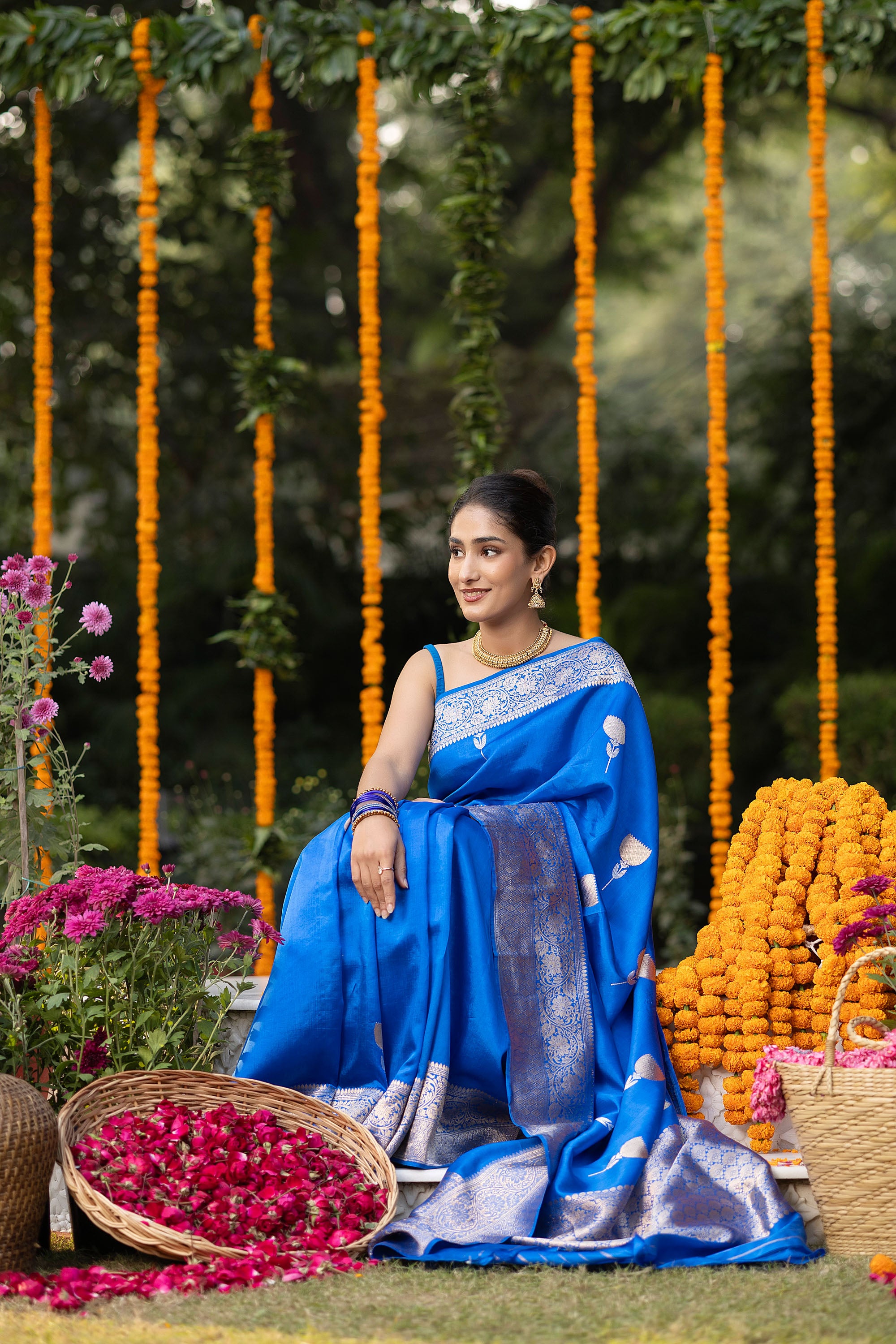 Banarasi Handloom rich blue pure silk saree with zari buta and border
