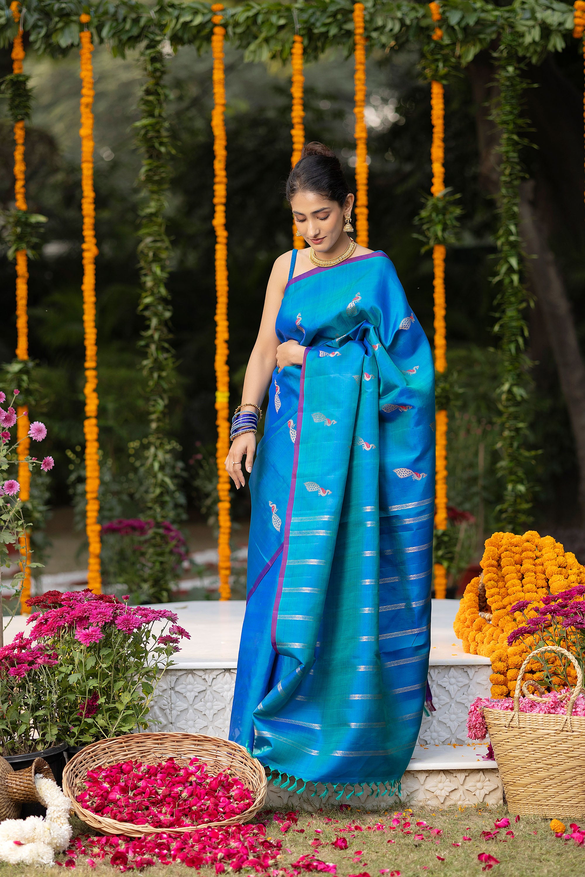 Kanjivaram handloom pure silk pure zari blue saree with a beautiful peacock motif