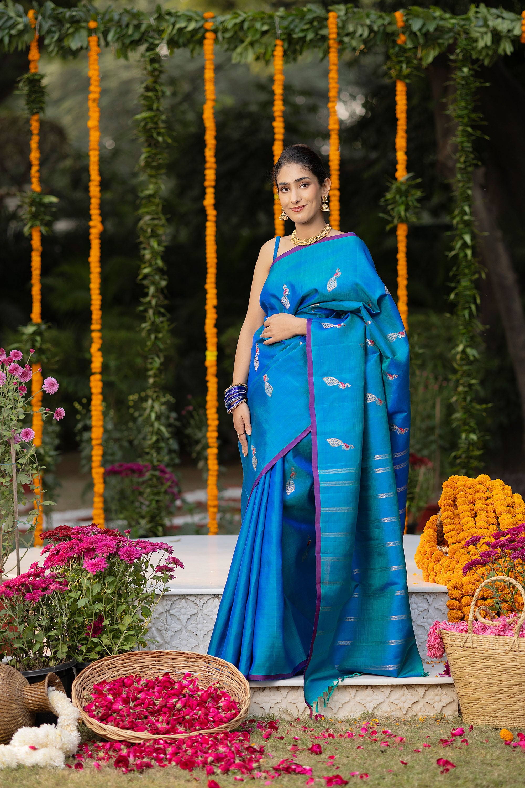 Kanjivaram handloom pure silk pure zari blue saree with a beautiful peacock motif