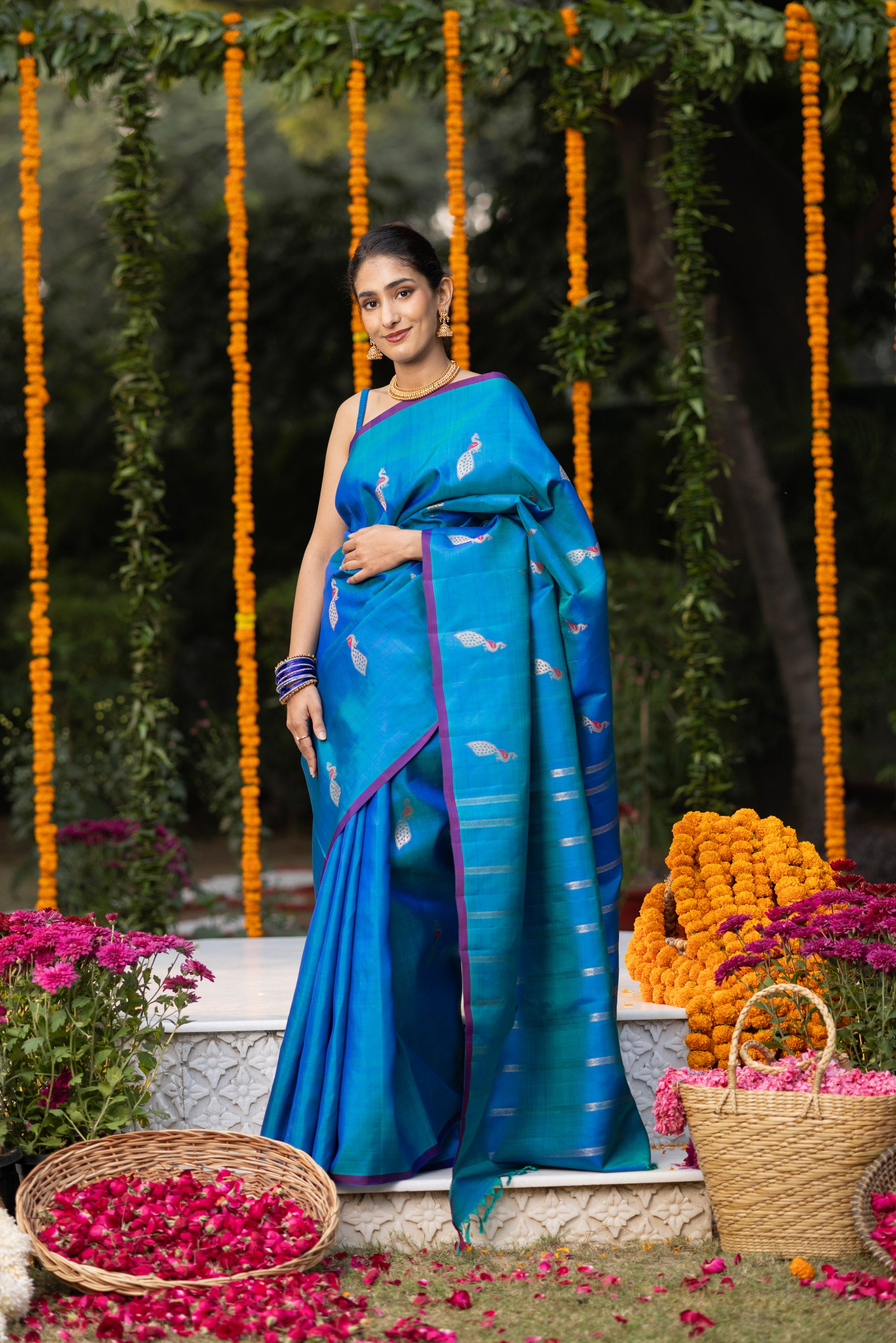 Kanjivaram handloom pure silk pure zari blue saree with a beautiful peacock motif