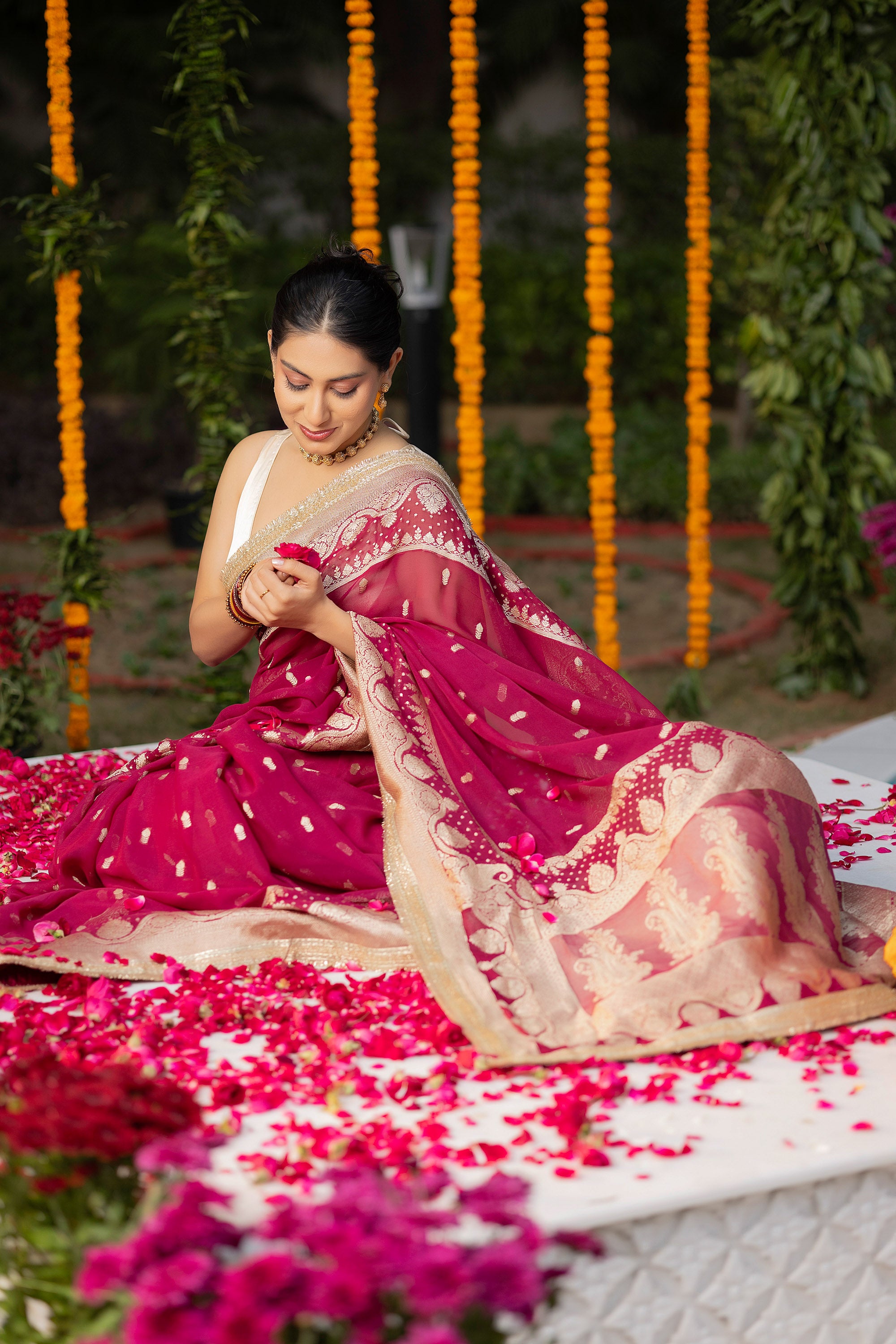 Banarasi pure silk georgette wine red saree with small zari Buti, zari pallu and embellishment lace on the border
