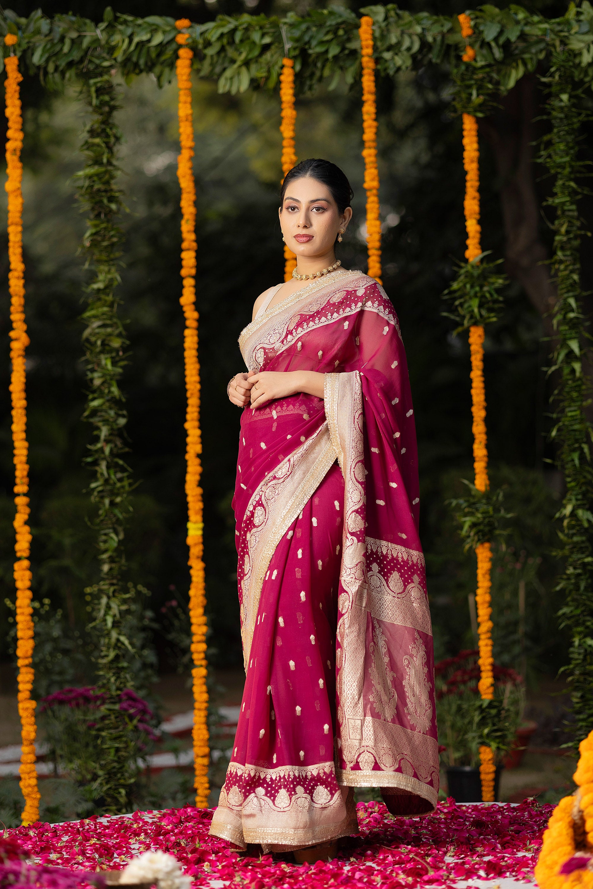 Banarasi pure silk georgette wine red saree with small zari Buti, zari pallu and embellishment lace on the border