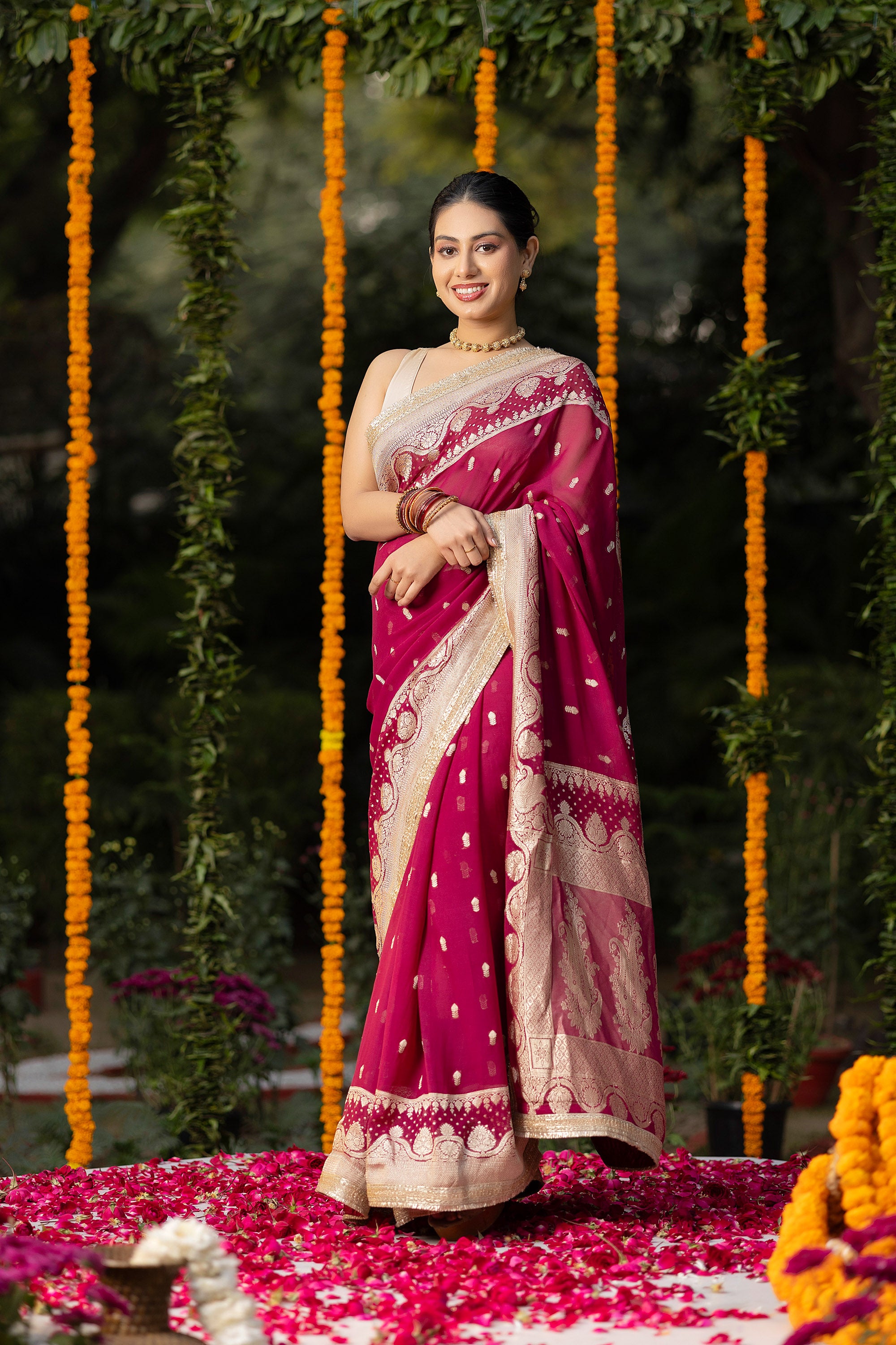 Banarasi pure silk georgette wine red saree with small zari Buti, zari pallu and embellishment lace on the border