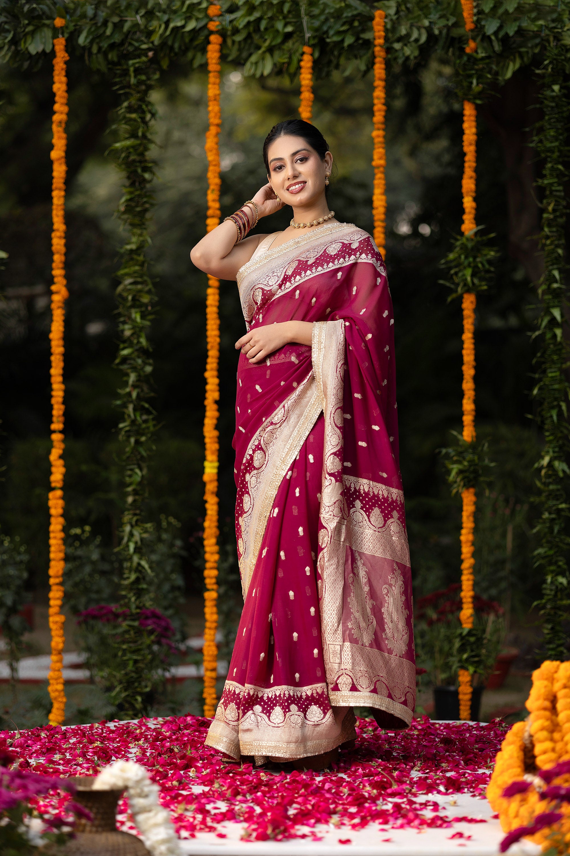 Banarasi pure silk georgette wine red saree with small zari Buti, zari pallu and embellishment lace on the border