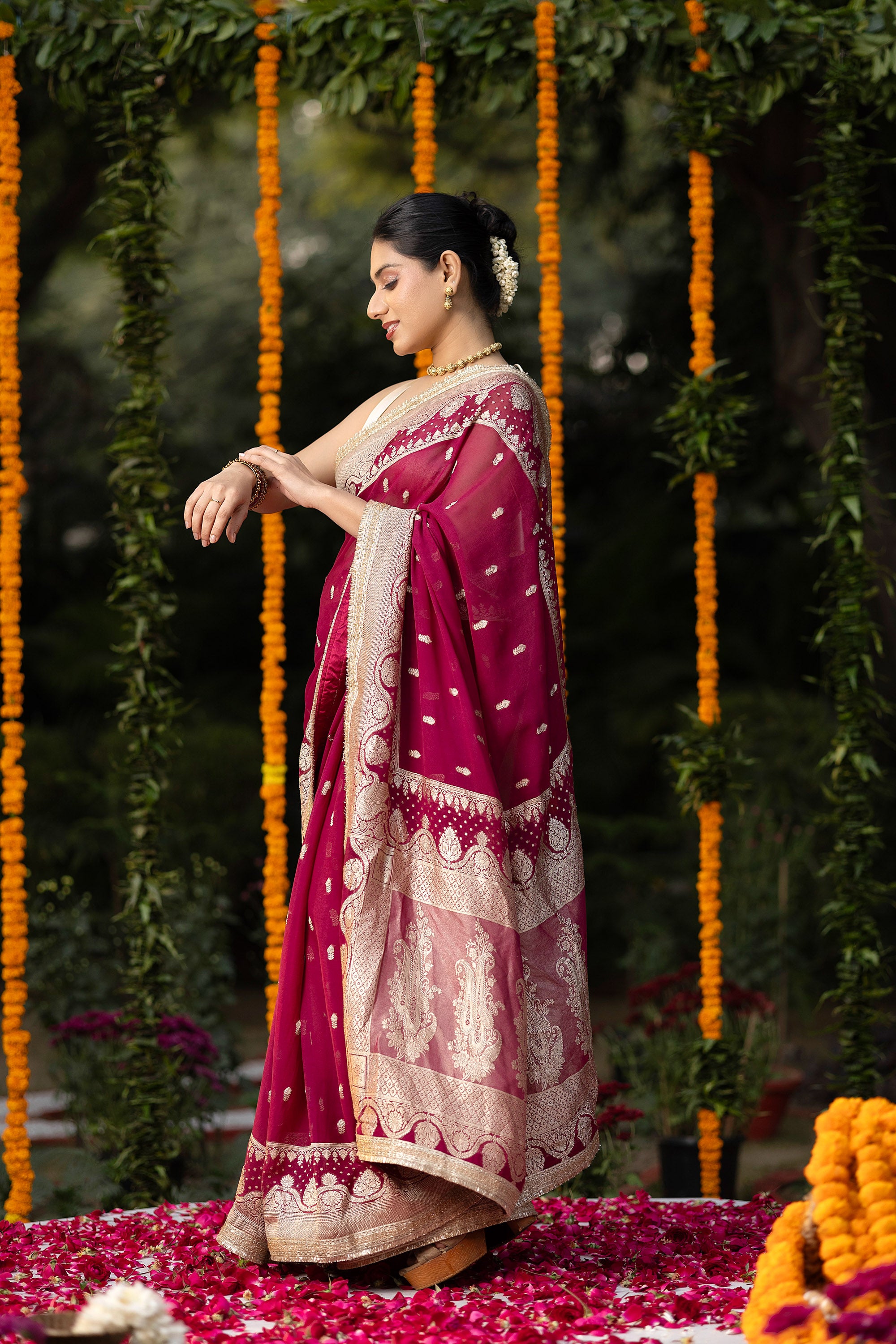 Banarasi pure silk georgette wine red saree with small zari Buti, zari pallu and embellishment lace on the border