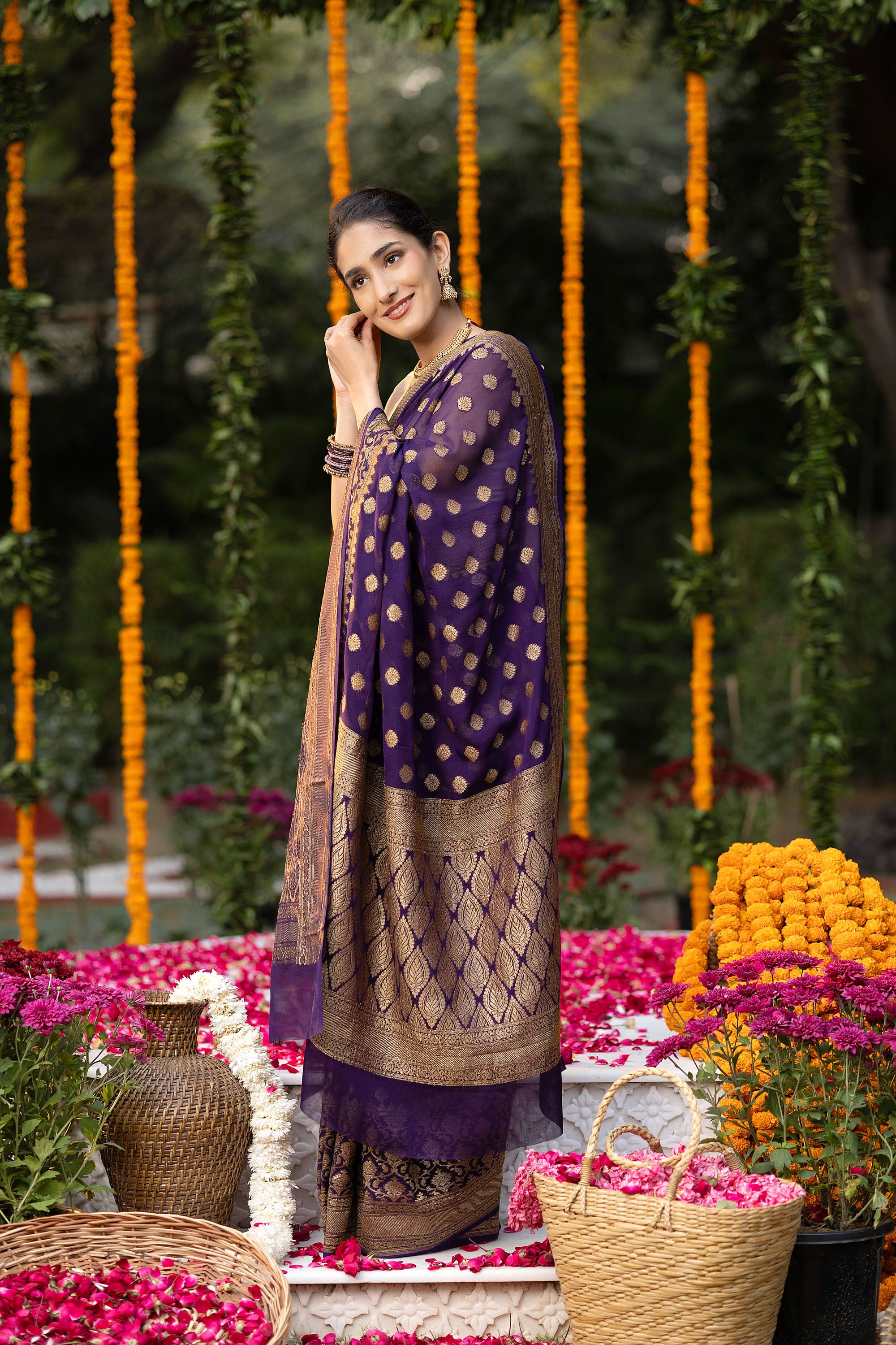 Banarasi pure silk georgette deep purple saree with copper zari Buti, zari pallu